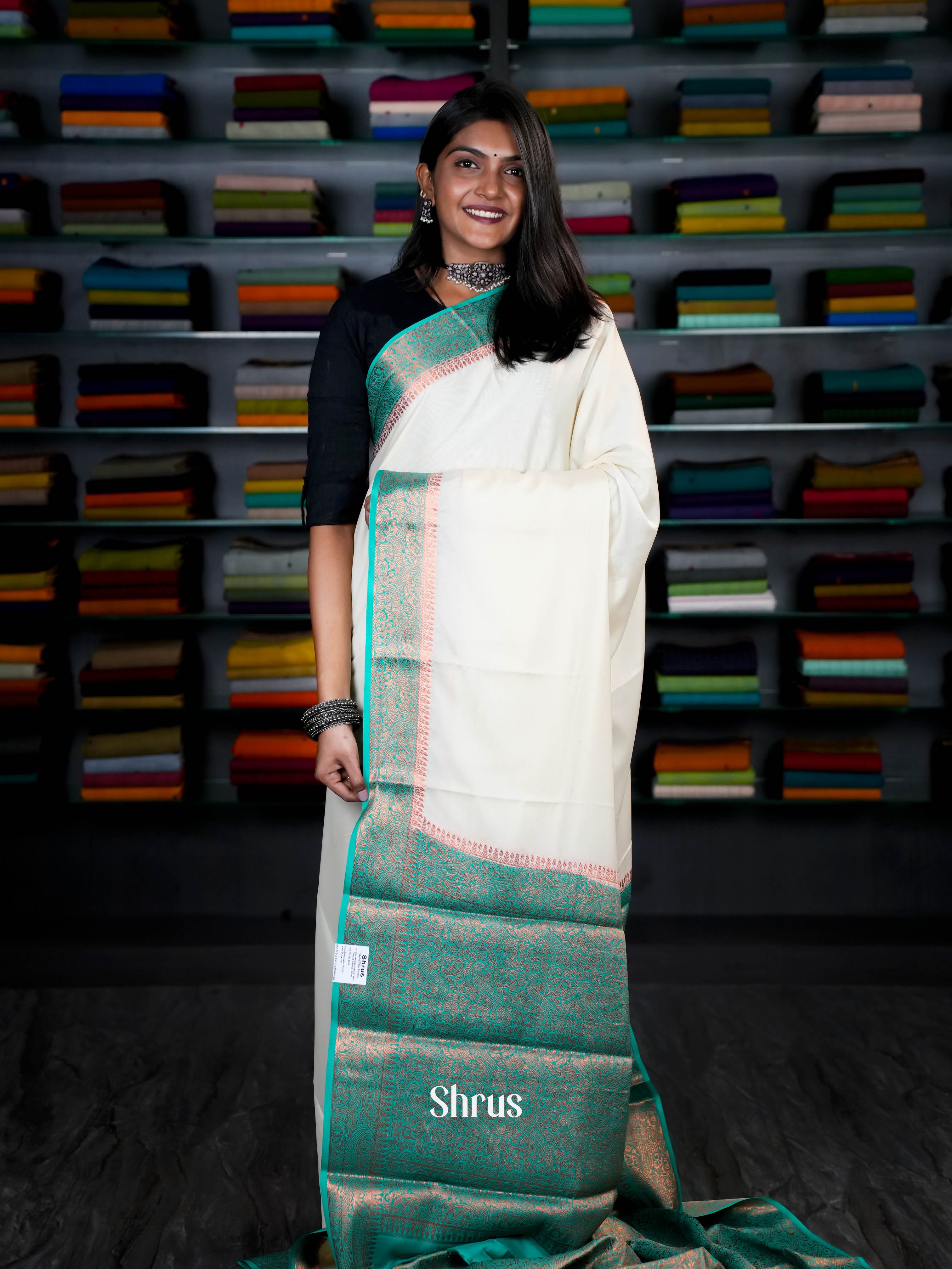 Cream & Teal - Semi Mysoresilk Saree - Shop on ShrusEternity.com