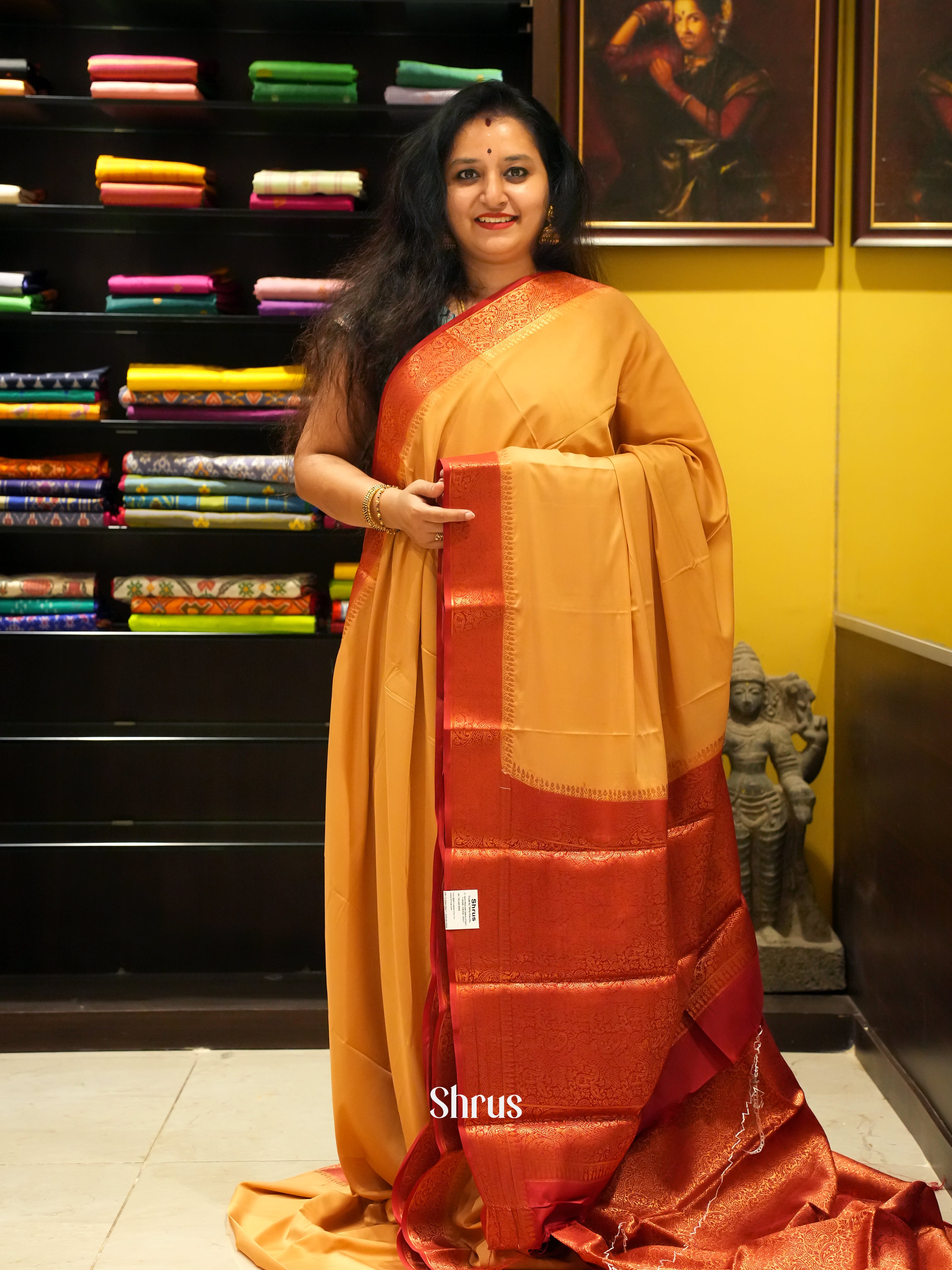 Beige & Maroon - Semi Mysoresilk Saree - Shop on ShrusEternity.com