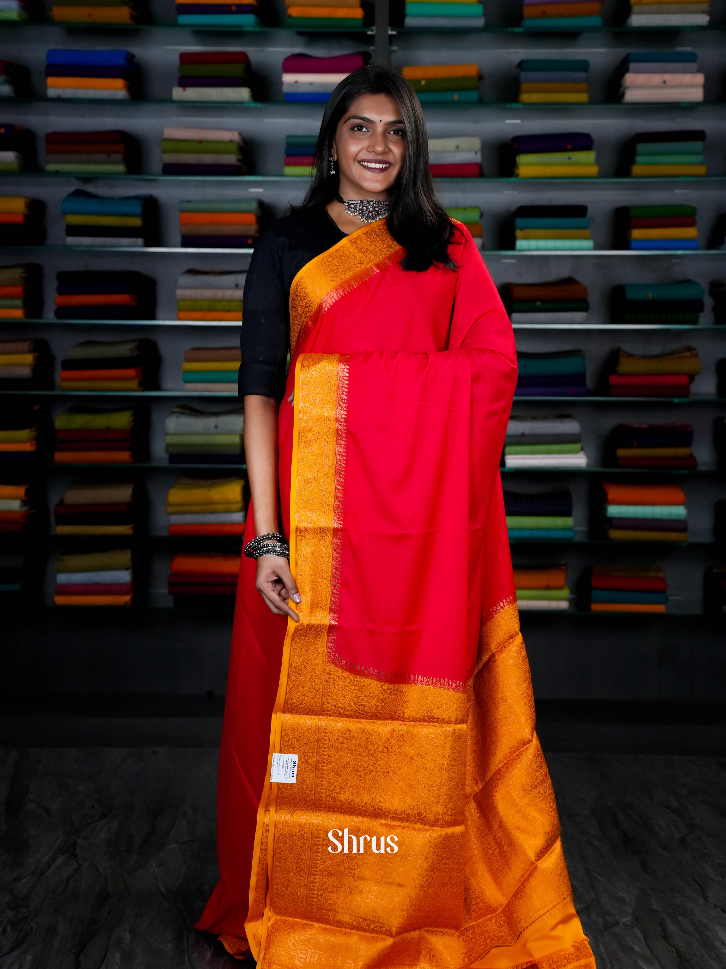 Red & Mustard - Semi Mysoresilk Saree - Shop on ShrusEternity.com