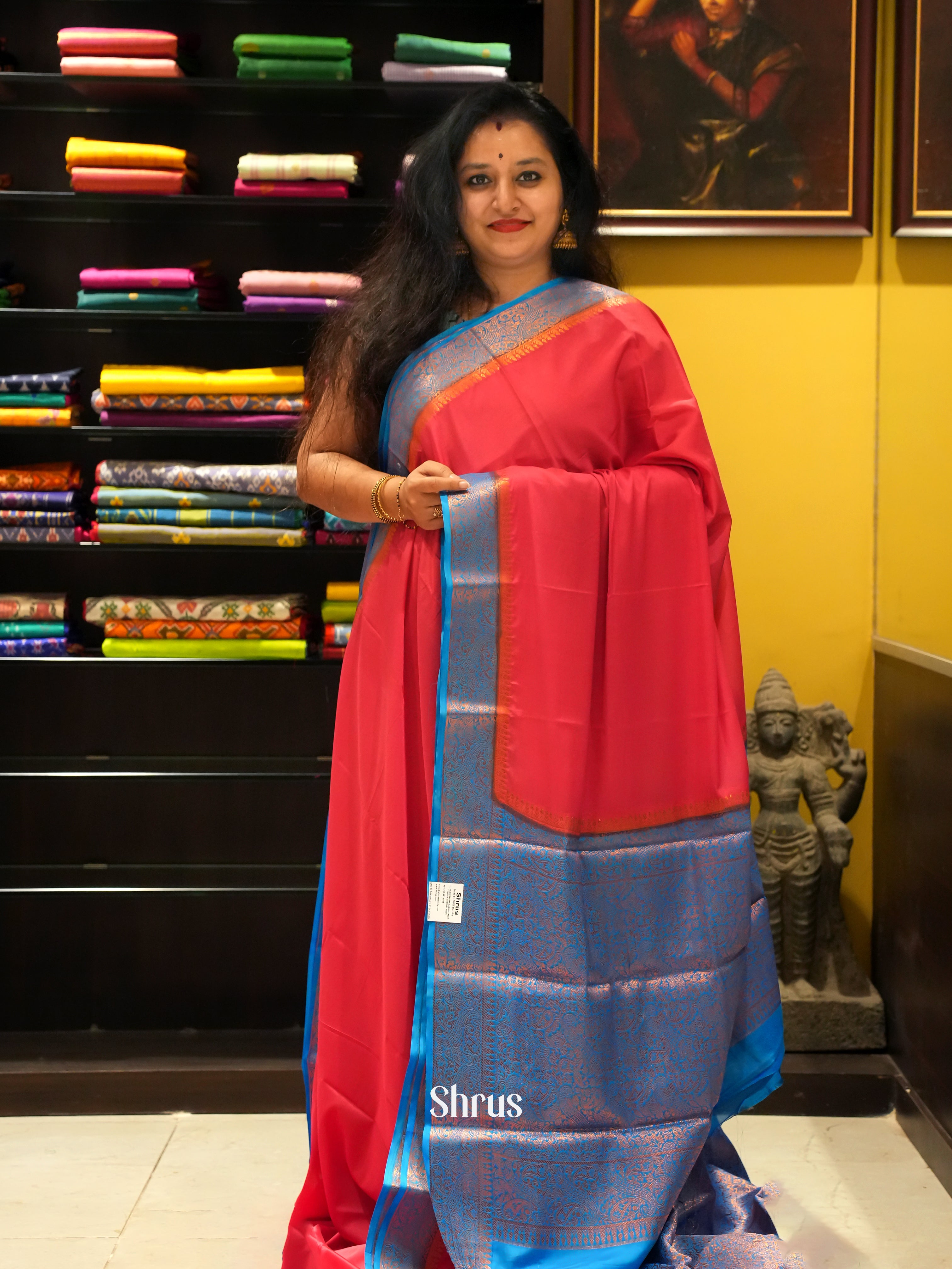 pink & Blue - Semi Mysoresilk Saree - Shop on ShrusEternity.com