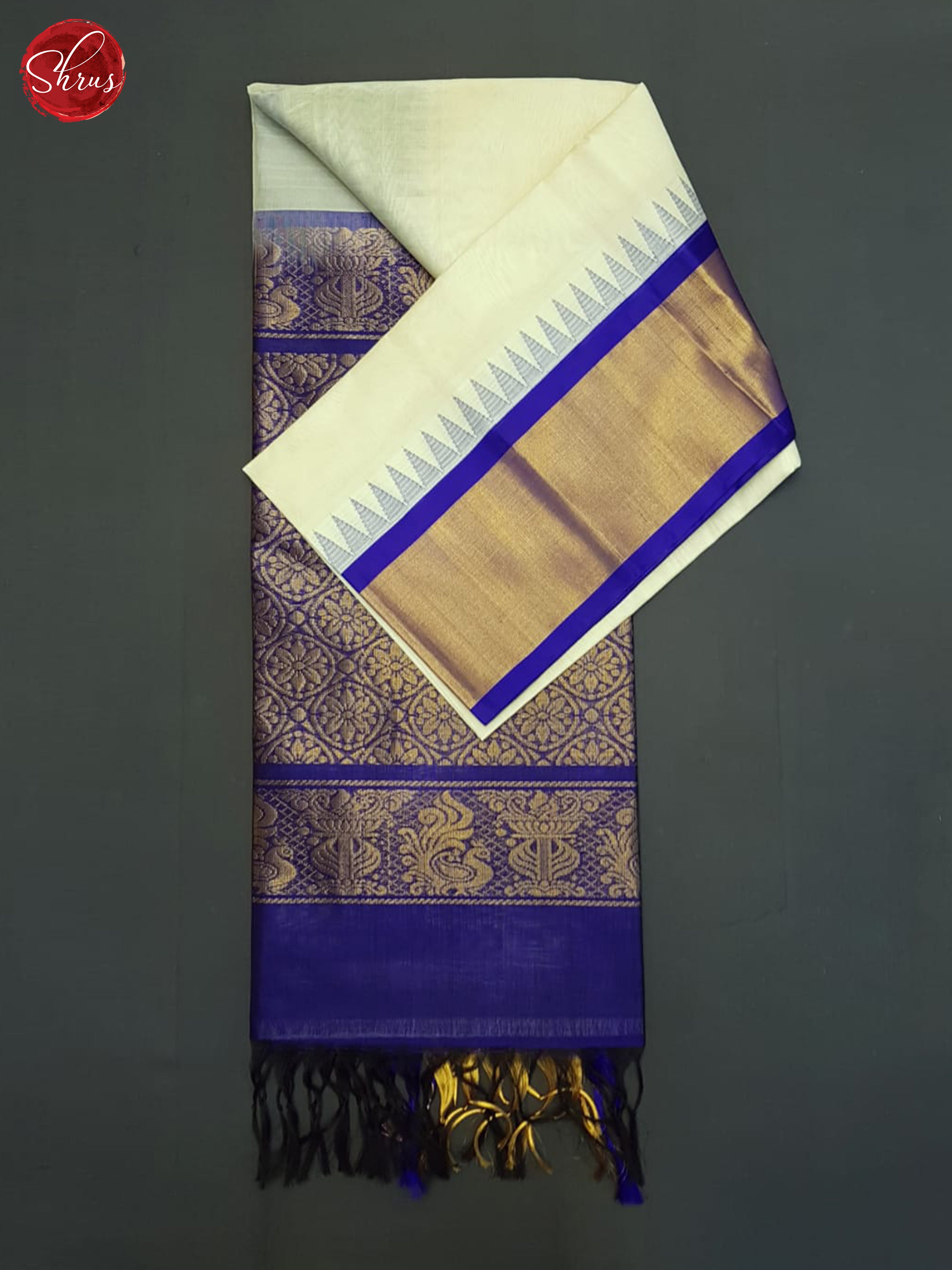 Cream And Blue- Silk Cotton Saree - Shop on ShrusEternity.com