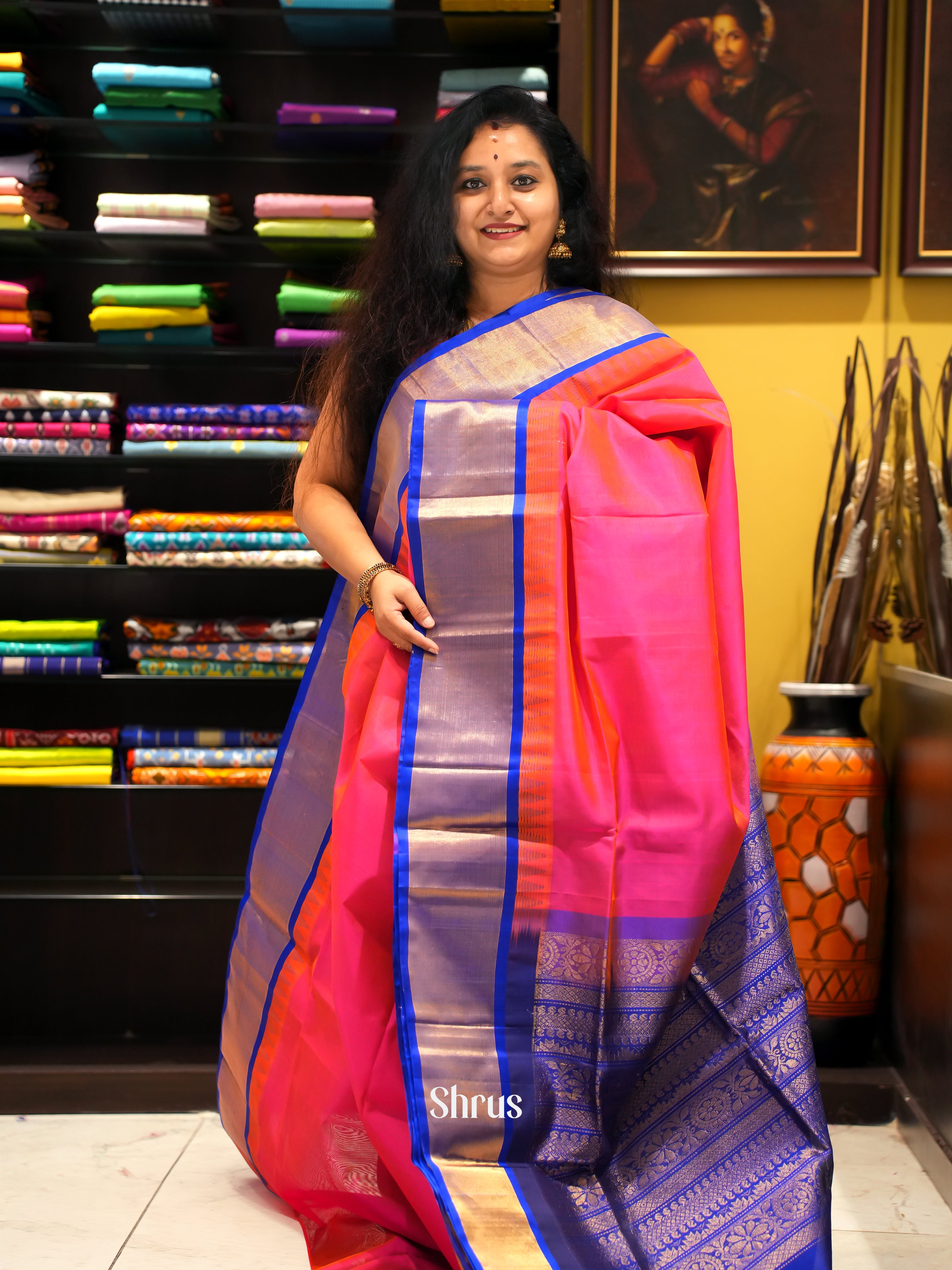 Pink And Blue- Silk Cotton Saree - Shop on ShrusEternity.com