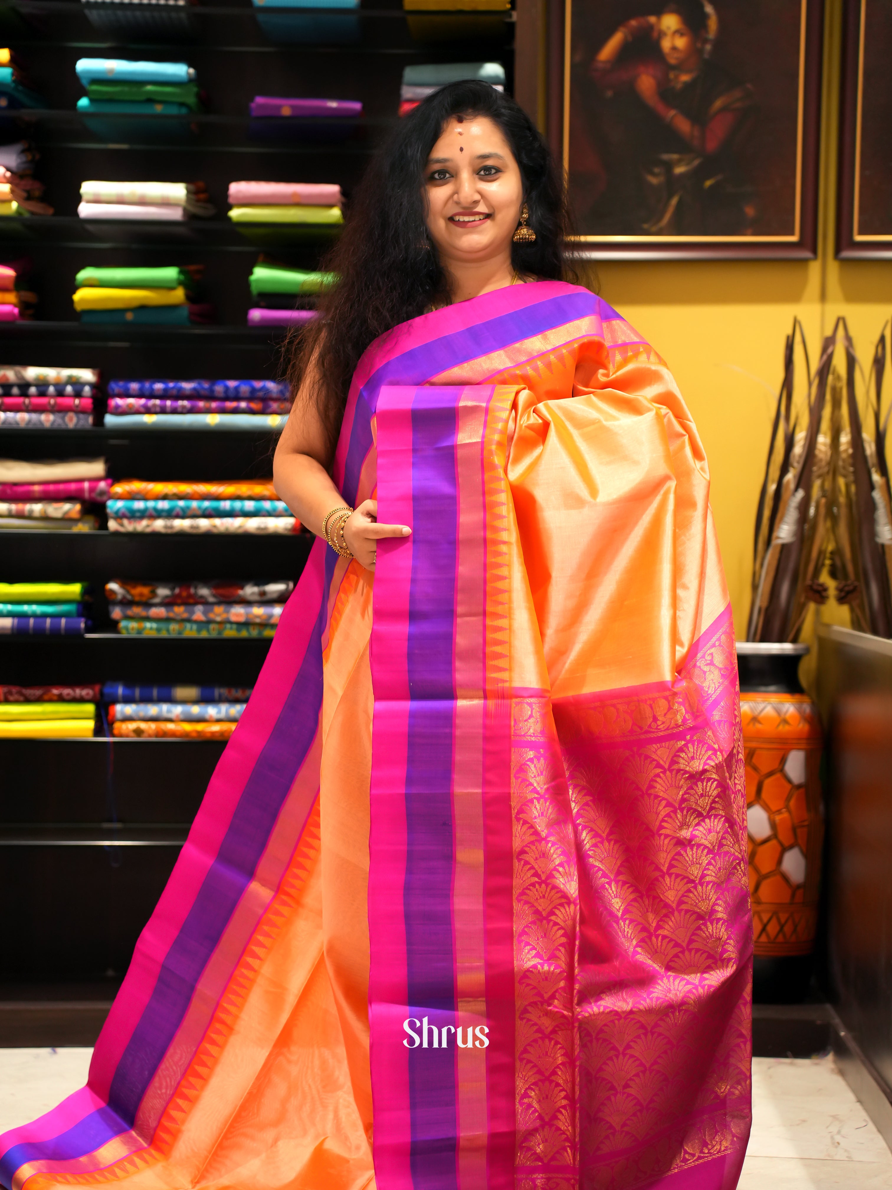 Beige And Pink- Silk Cotton Saree - Shop on ShrusEternity.com