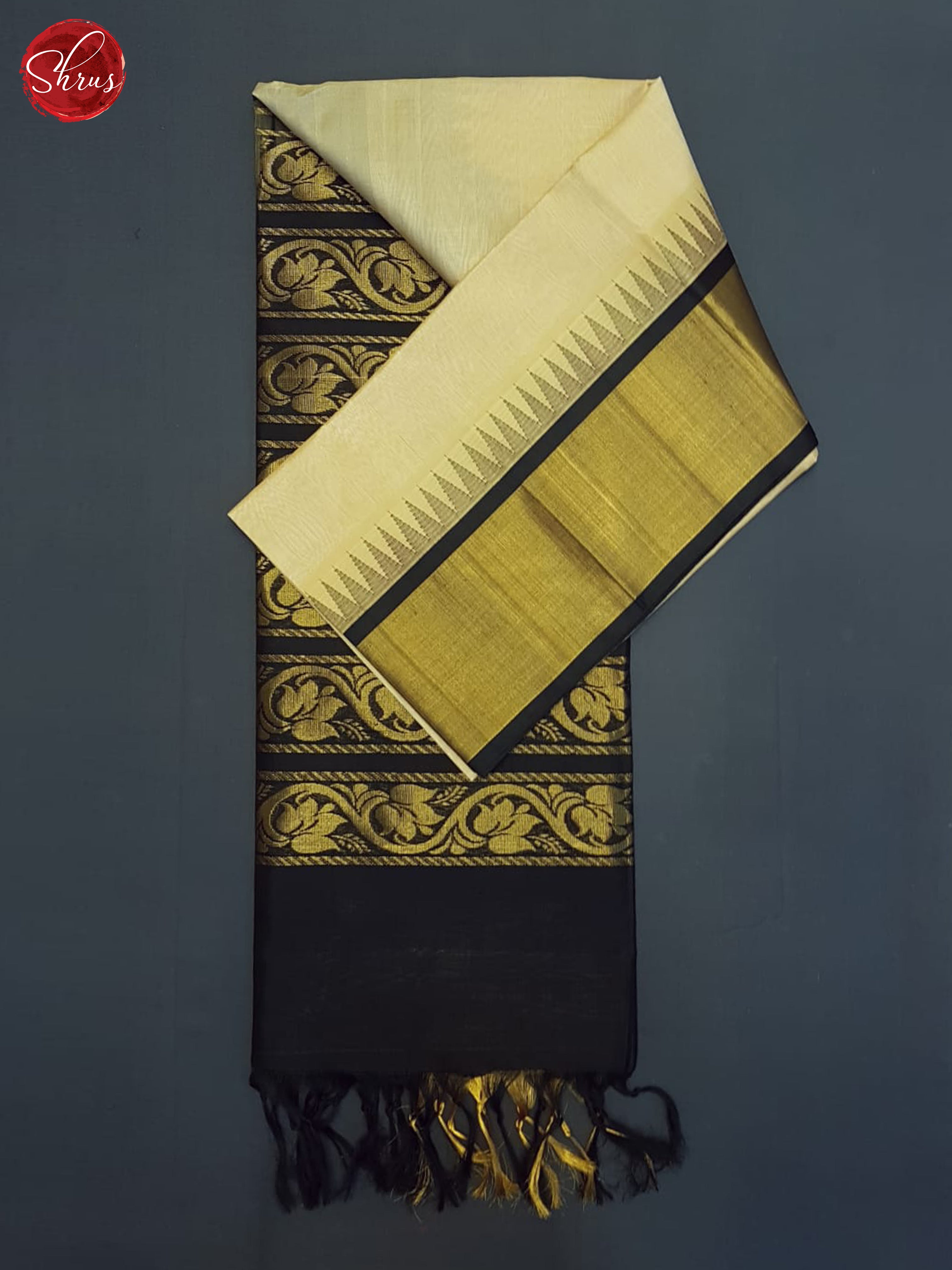 Beige And Black- Silk Cotton Saree - Shop on ShrusEternity.com
