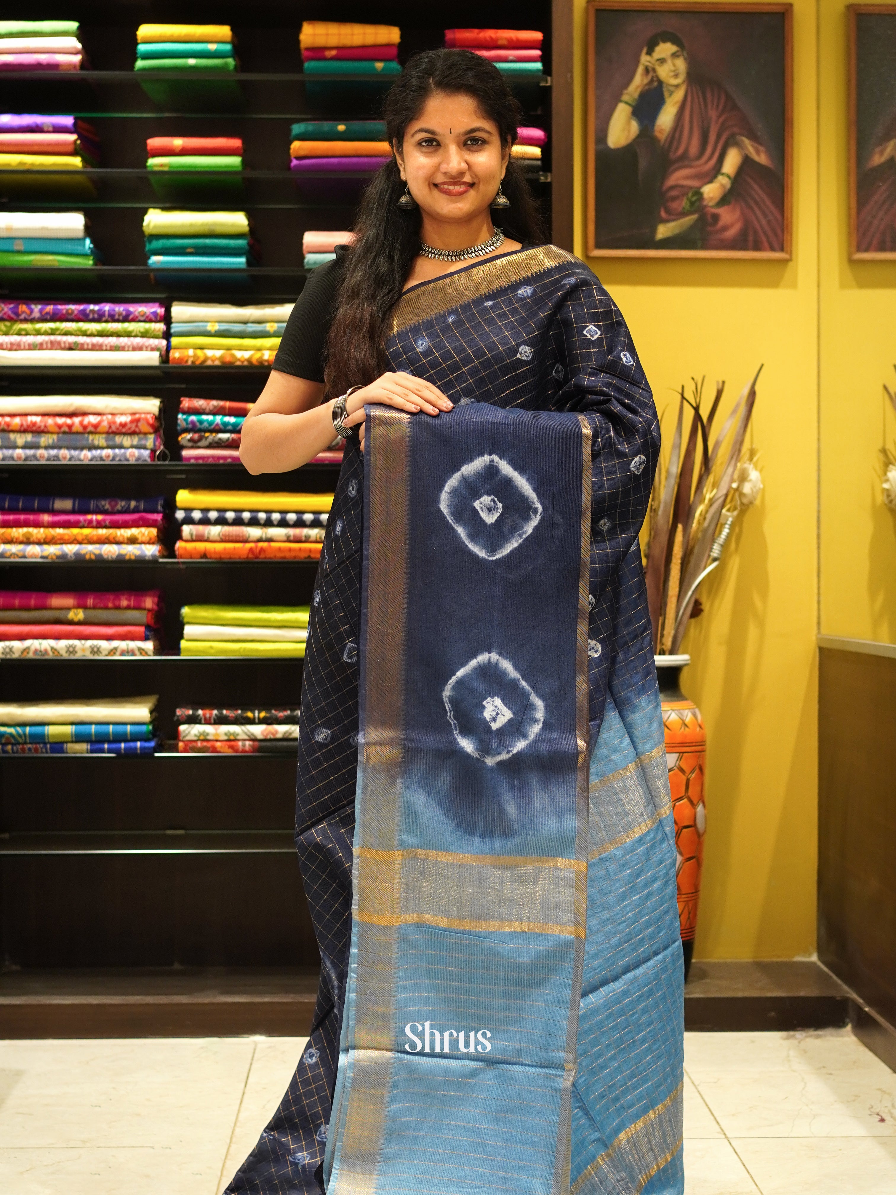 Navy Blue & Light Blue - Shibori Saree - Shop on ShrusEternity.com
