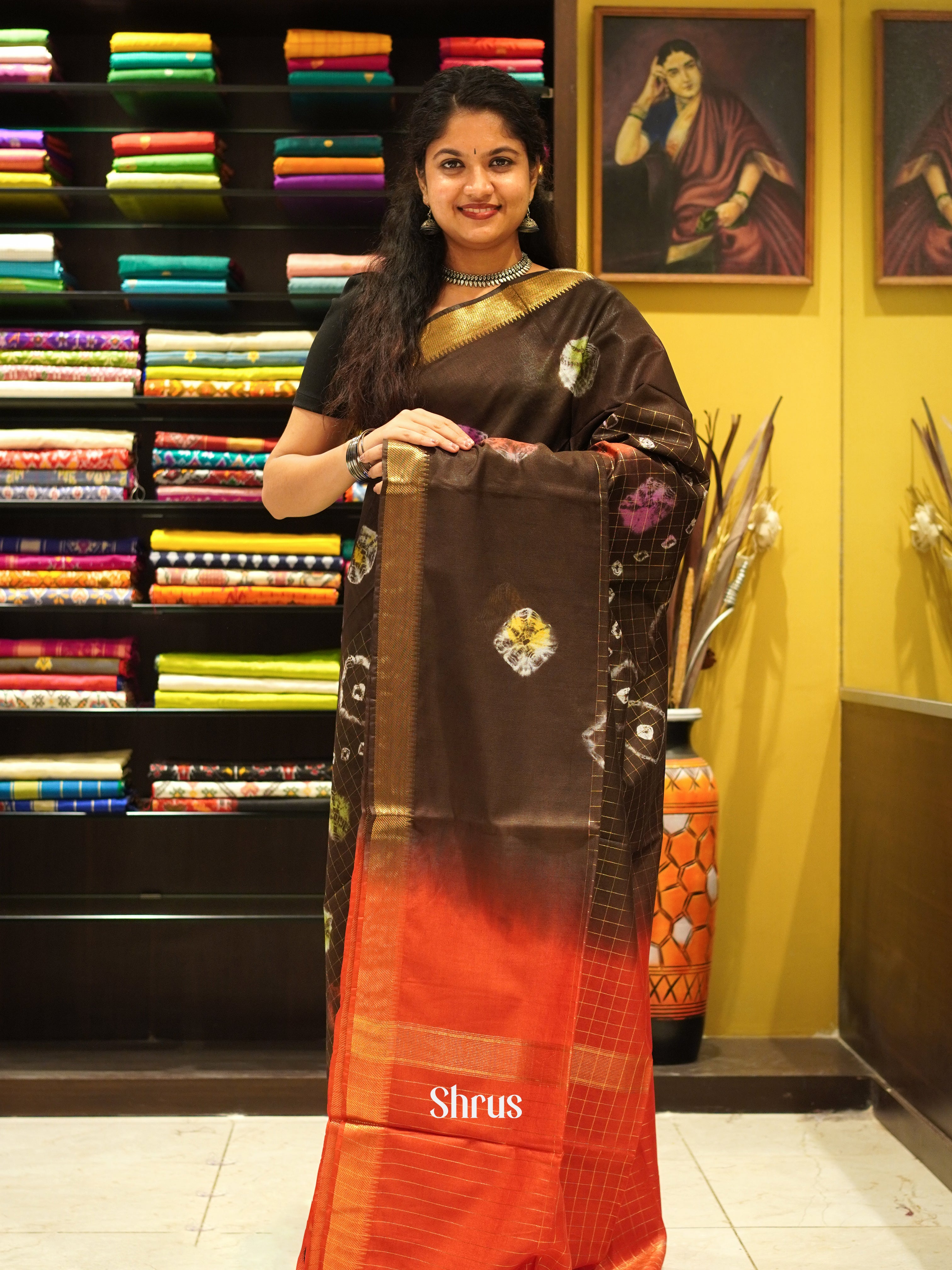 Brown & Orange - Shibori Saree - Shop on ShrusEternity.com