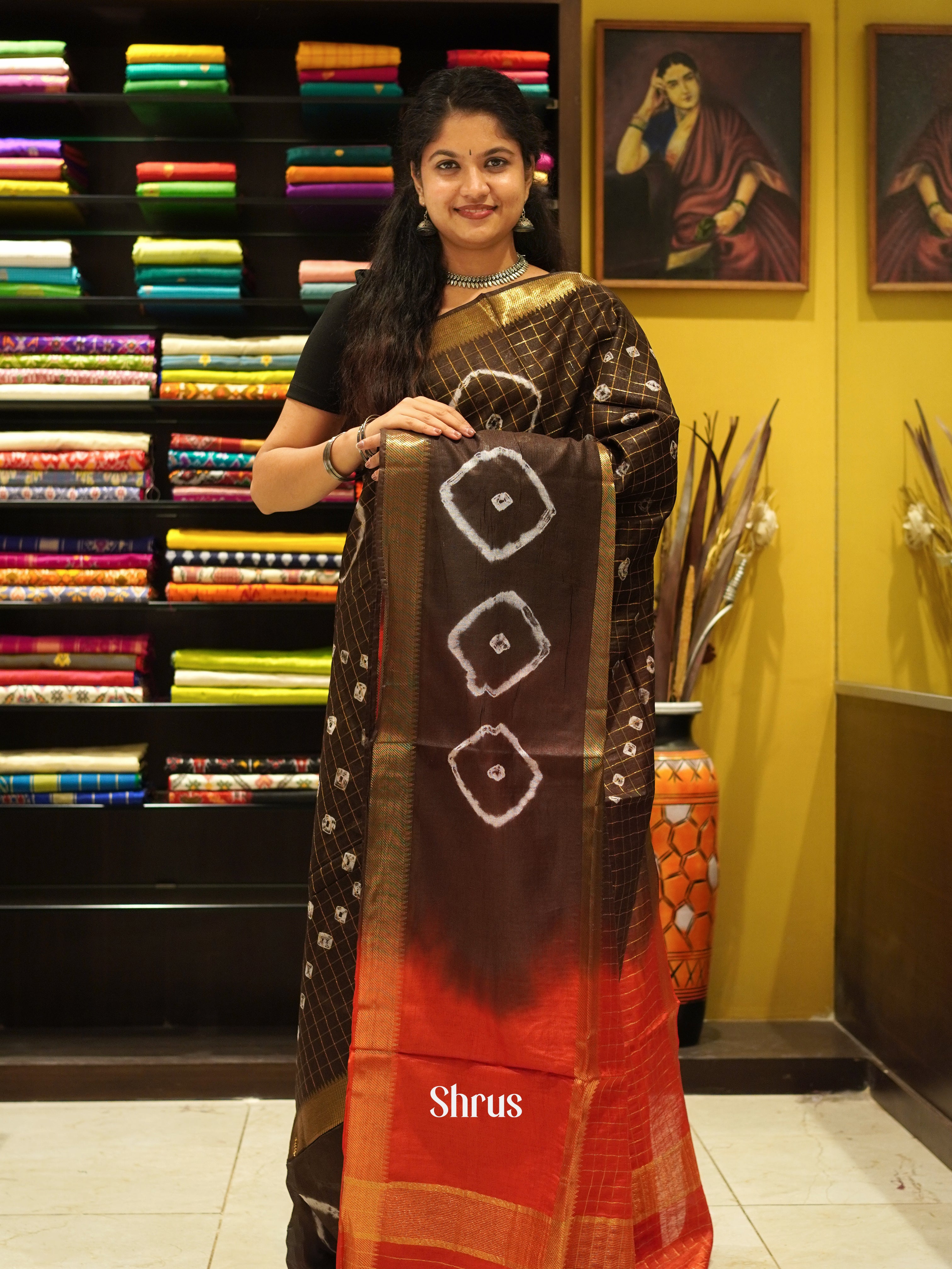 Brown & Red - Shibori Saree - Shop on ShrusEternity.com