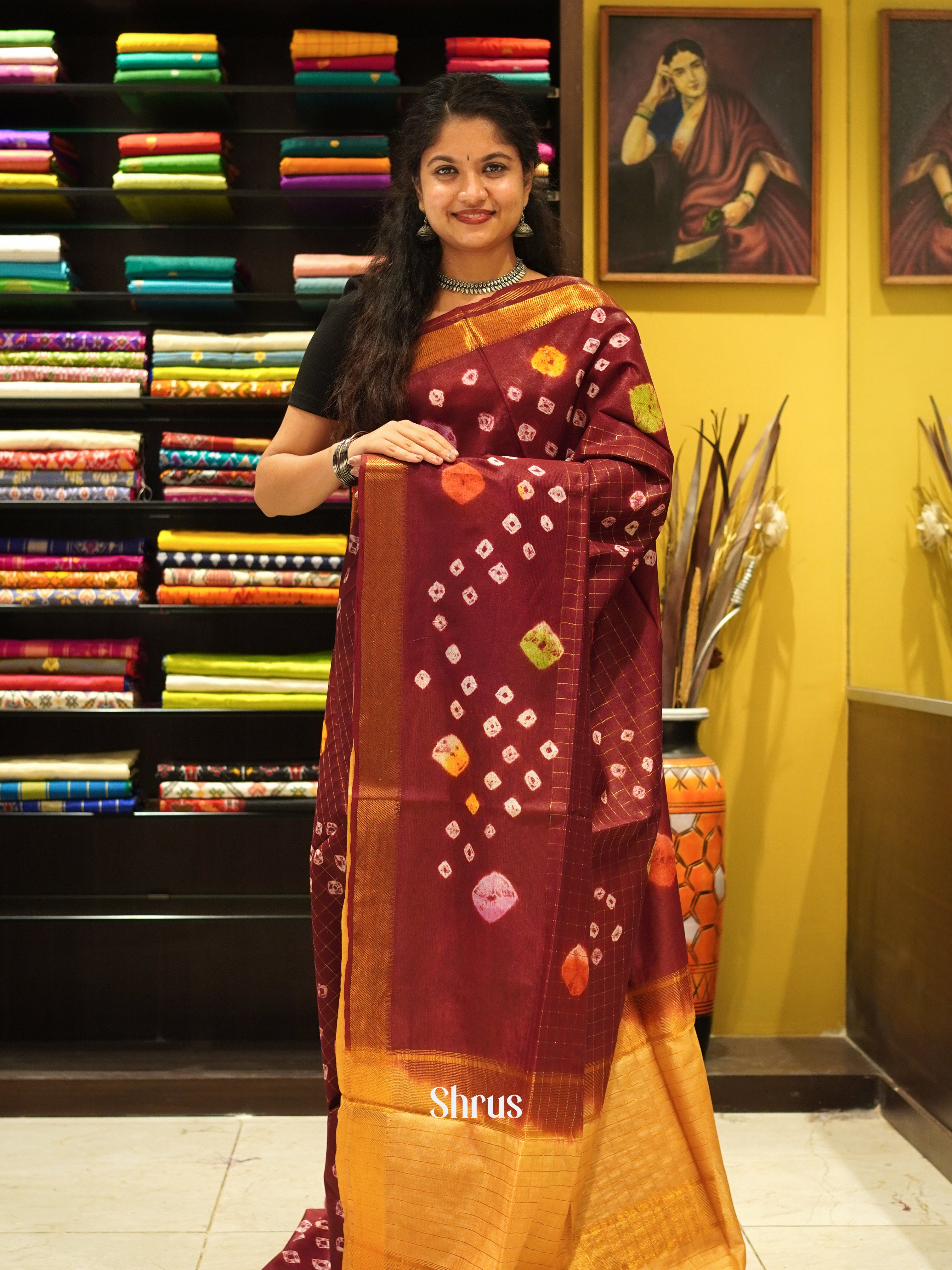 Maroon & Yellow - Shibori Saree - Shop on ShrusEternity.com
