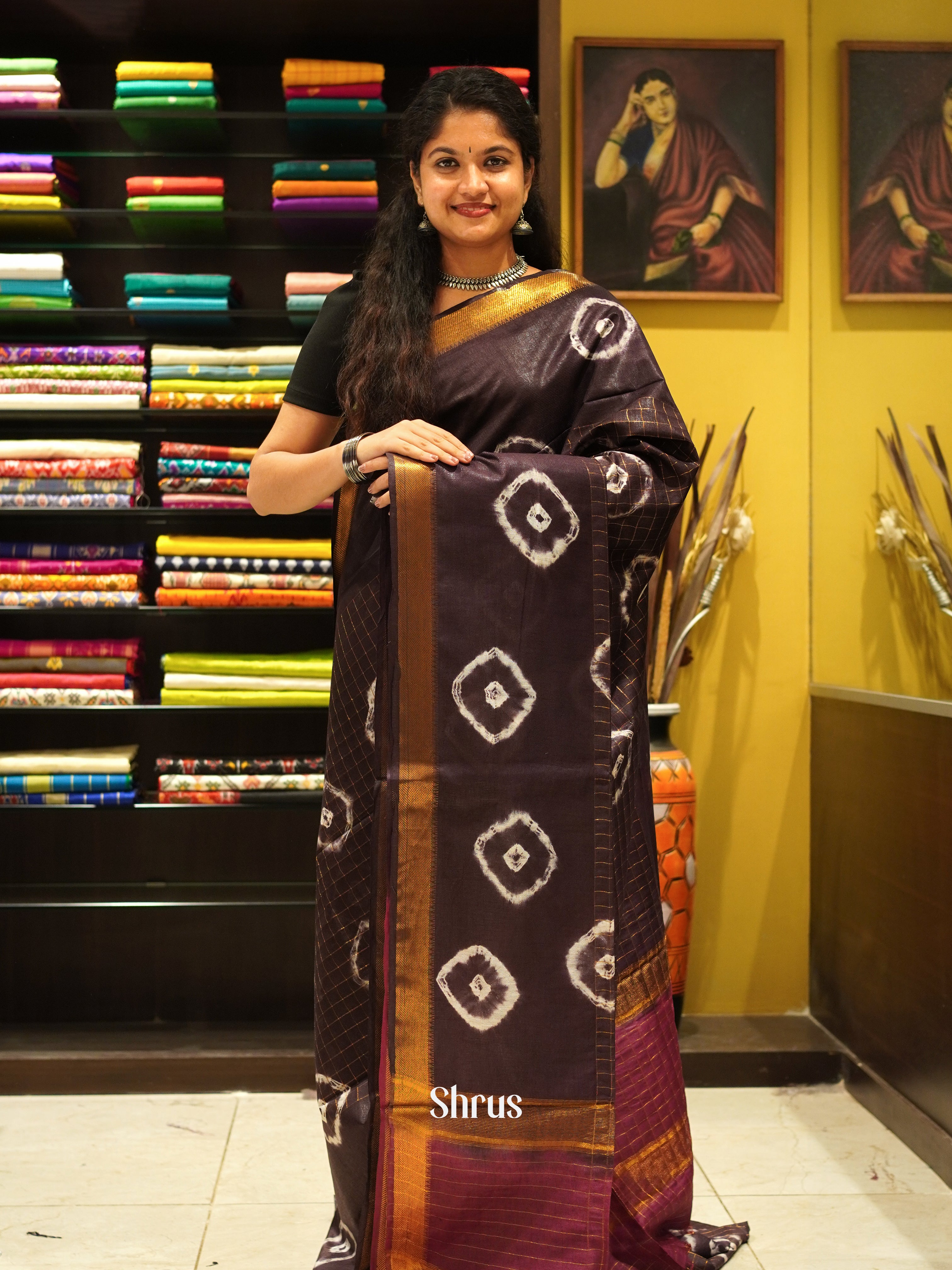 Dark Brown & Maroon -Shibori Saree - Shop on ShrusEternity.com