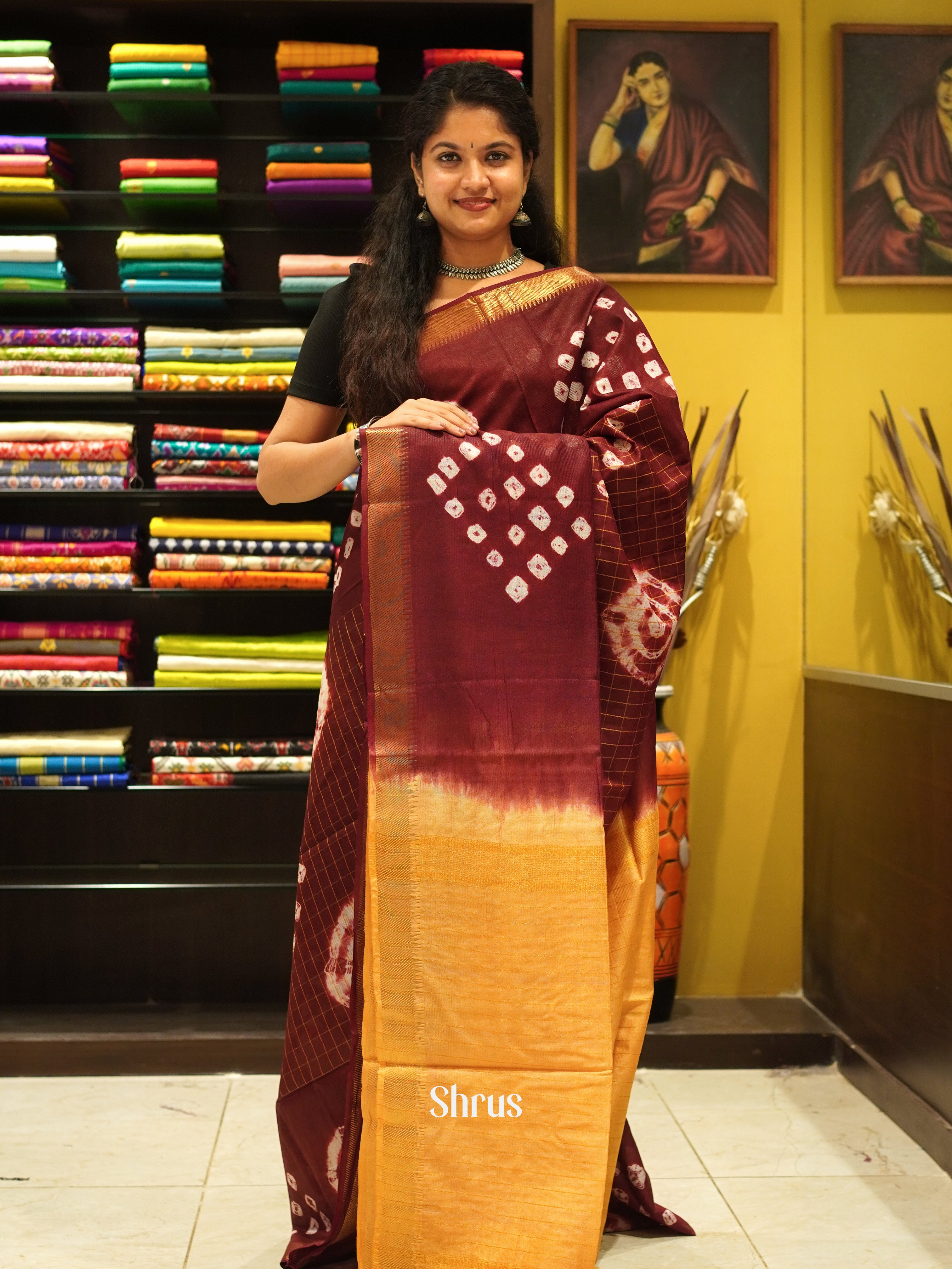 Maroon & Yellow -Shibori Saree - Shop on ShrusEternity.com