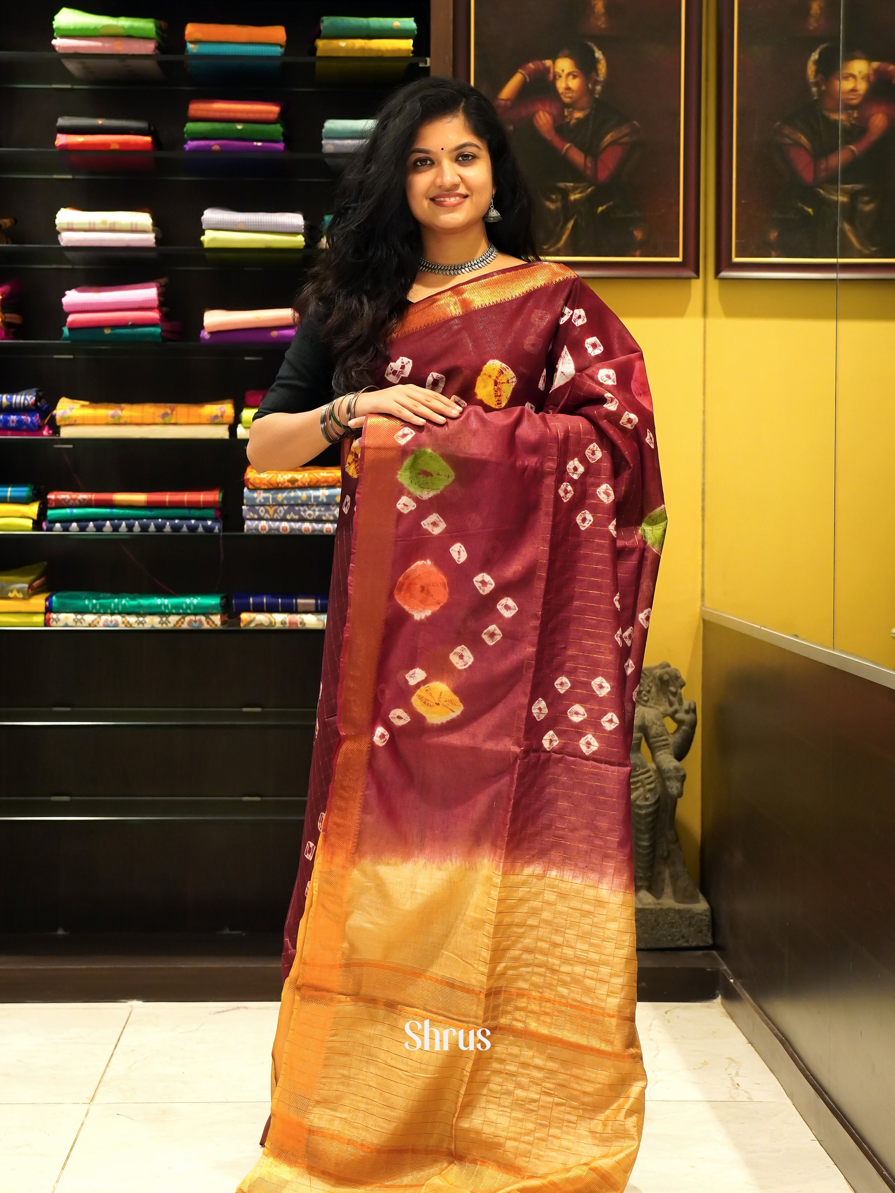 Maroon & Beige - Shibori Saree - Shop on ShrusEternity.com