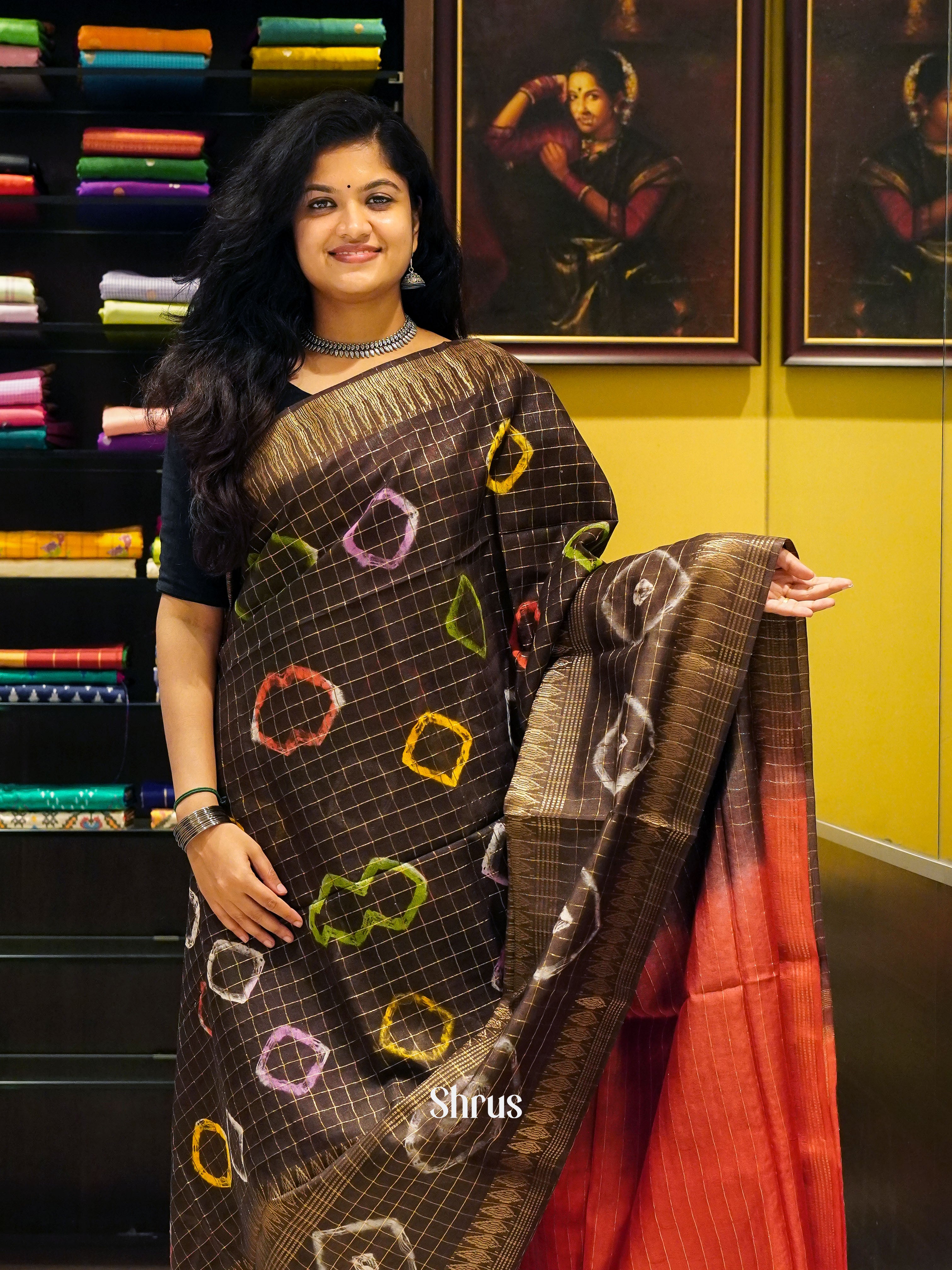 Brown & Red - Shibori Saree - Shop on ShrusEternity.com