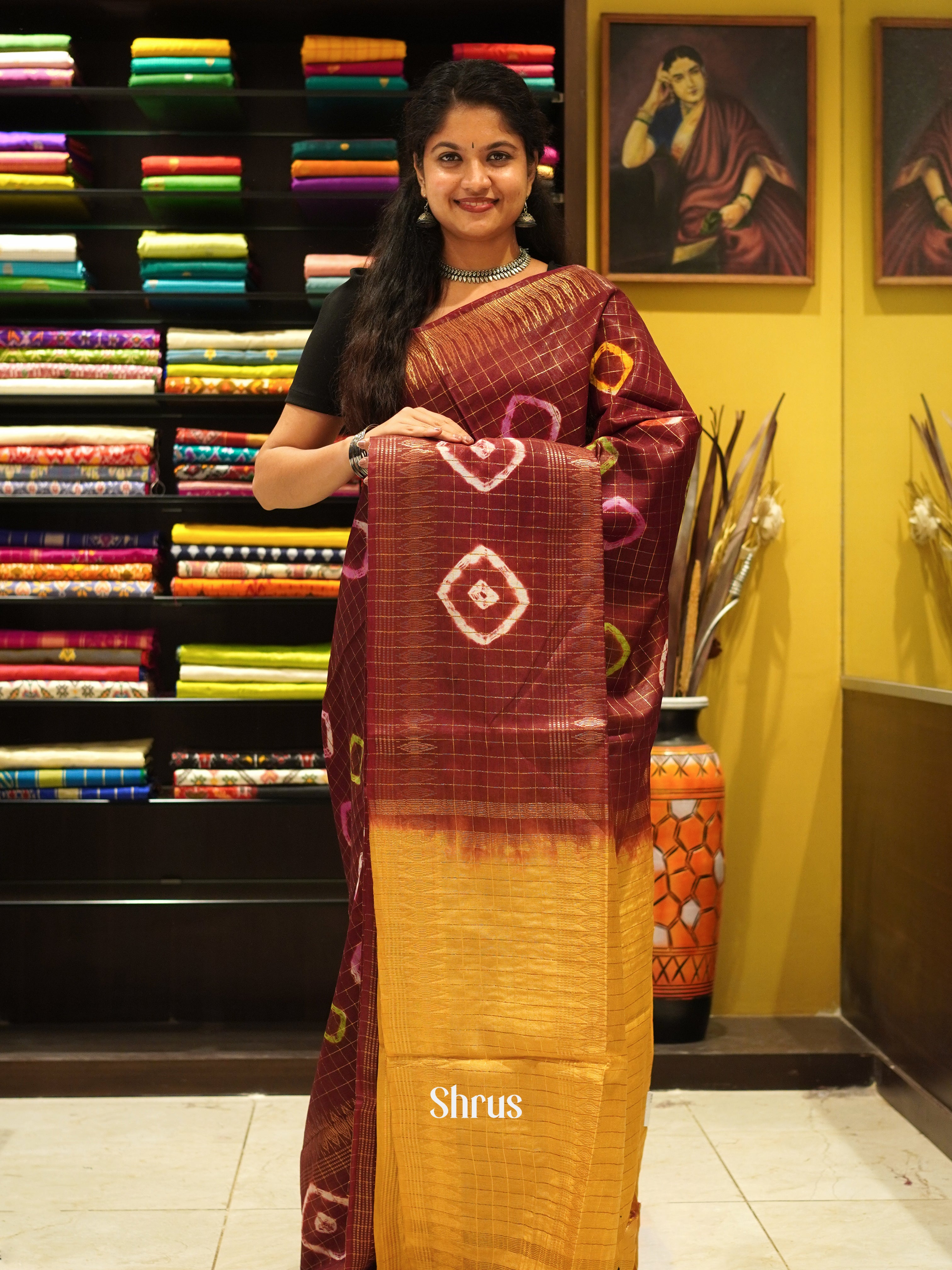 Brown & Yellow - Shibori Saree - Shop on ShrusEternity.com