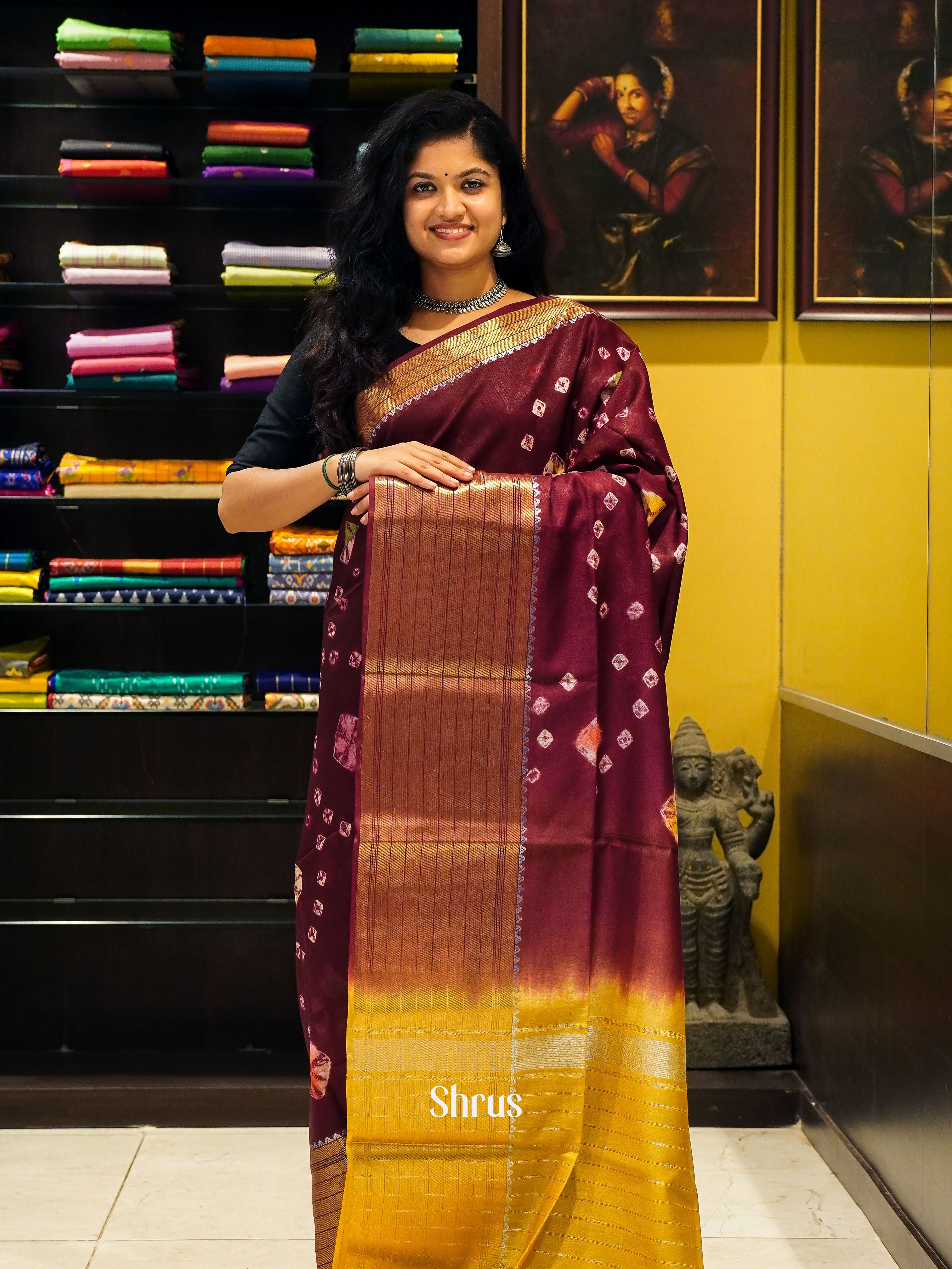 Maroon And Mustard- Shibori Saree - Shop on ShrusEternity.com