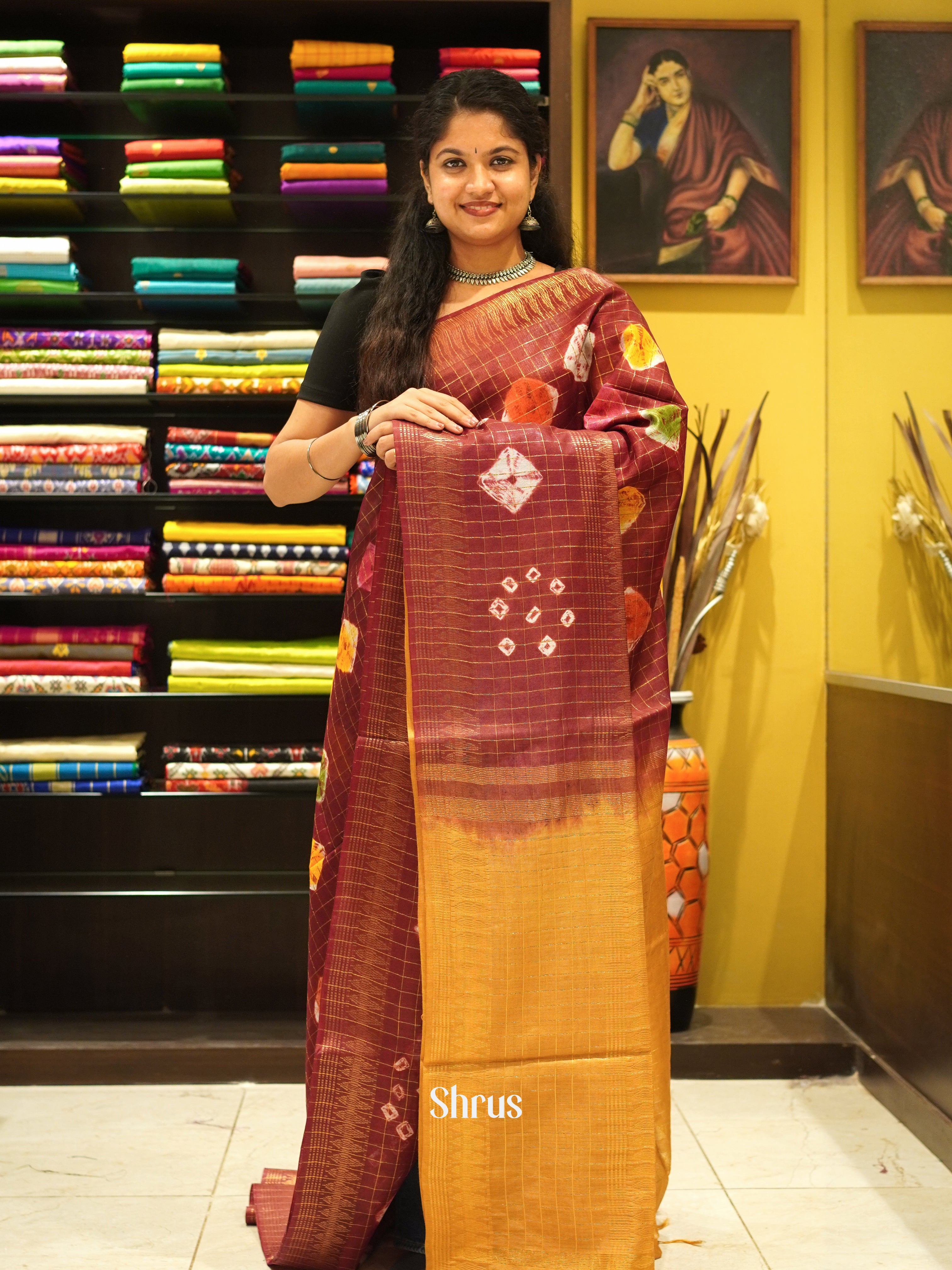 Brown & Yellow- Shibori Saree - Shop on ShrusEternity.com