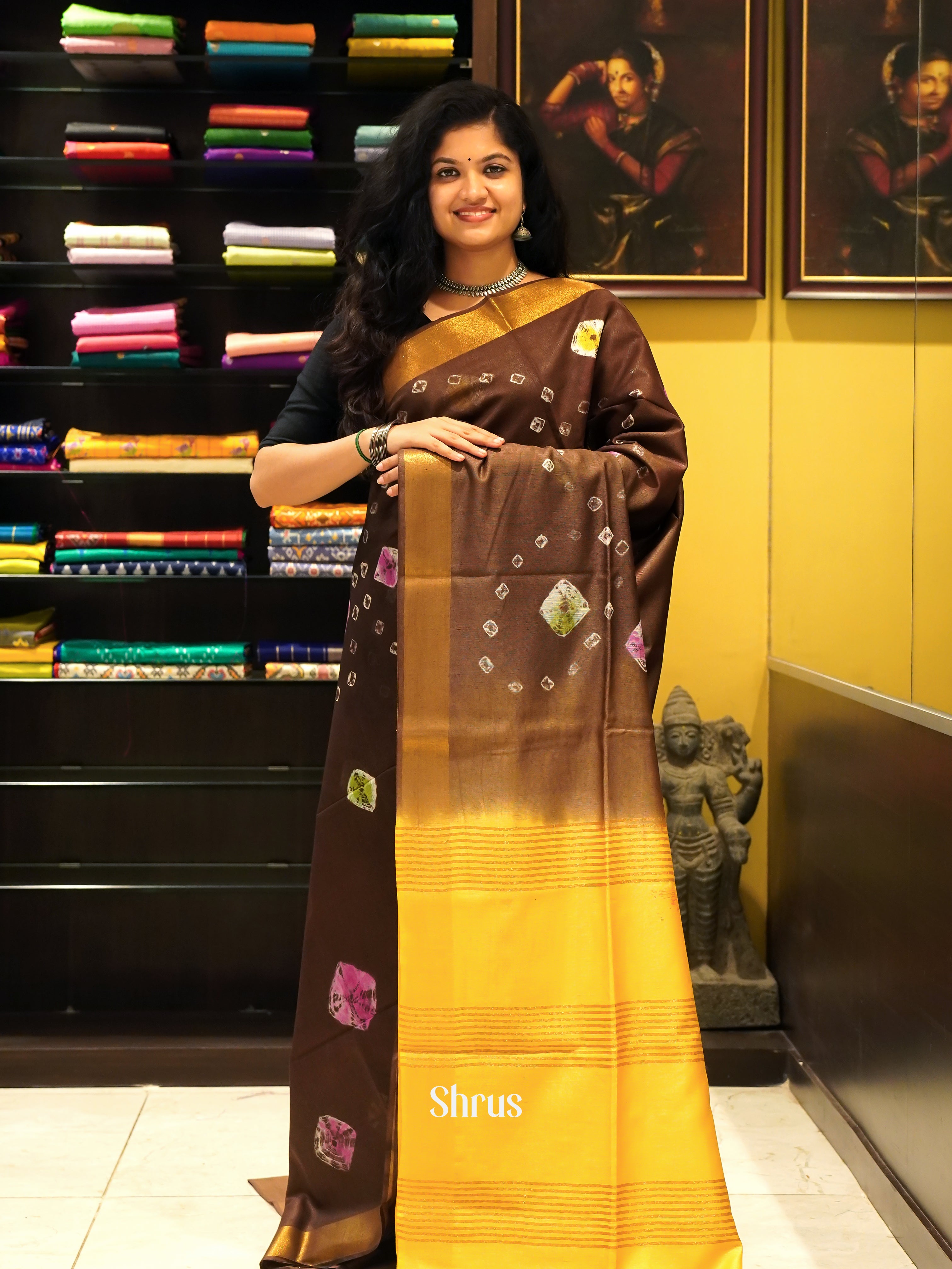 Brown & Yellow - Shibori Saree - Shop on ShrusEternity.com
