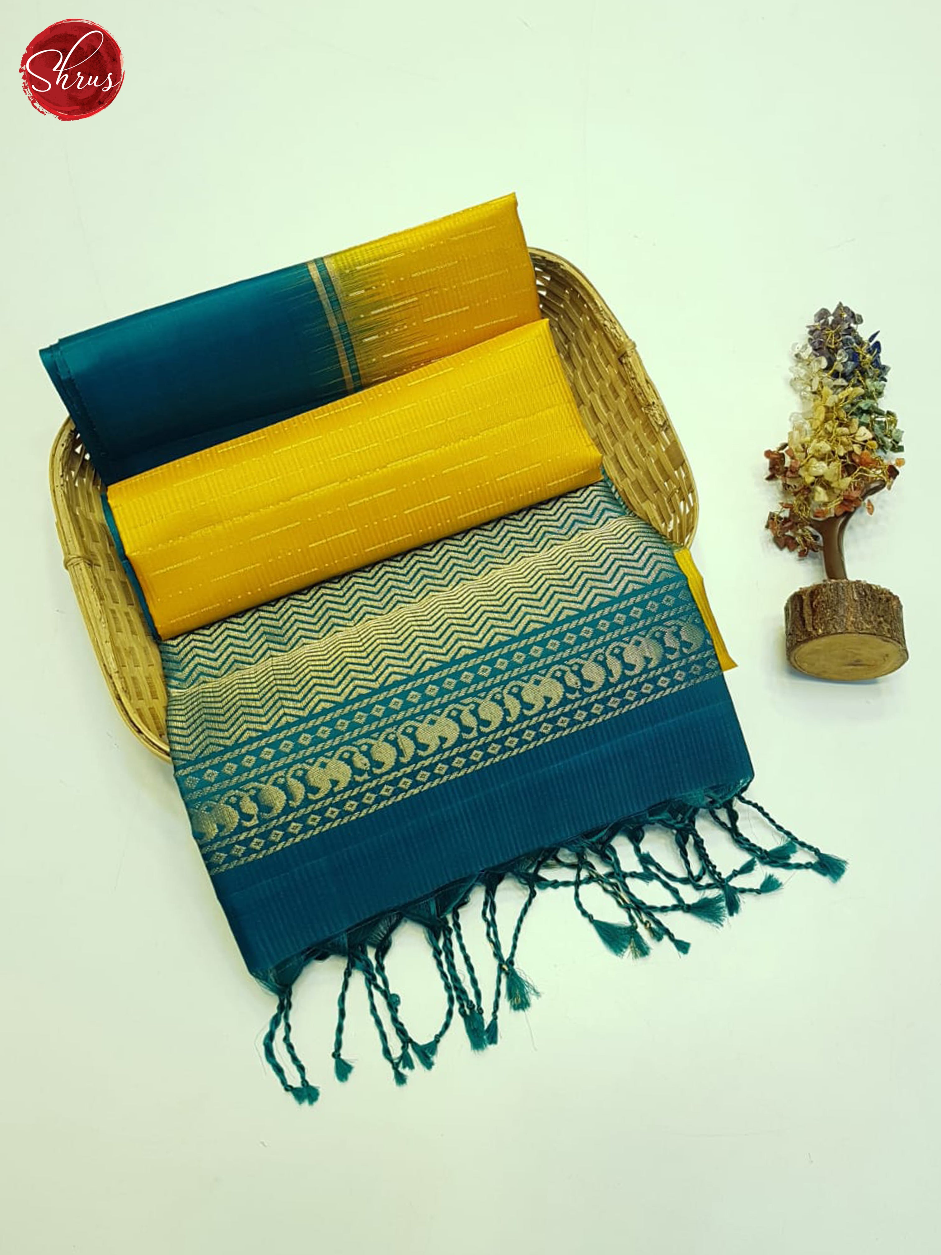 Mustard And Peacock Neck- Soft Silk Saree - Shop on ShrusEternity.com