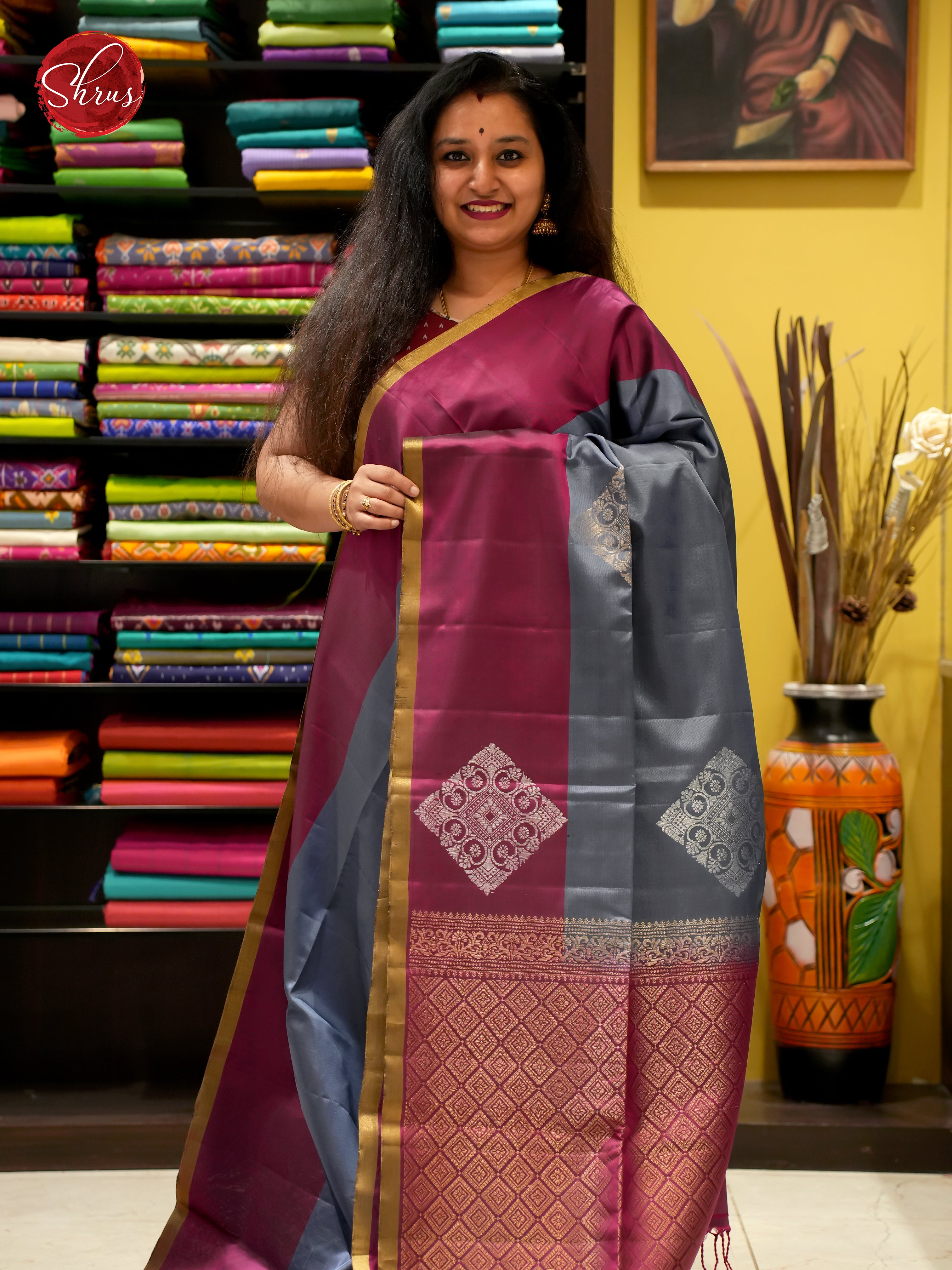 Grey And Wine- Soft Silk Saree - Shop on ShrusEternity.com