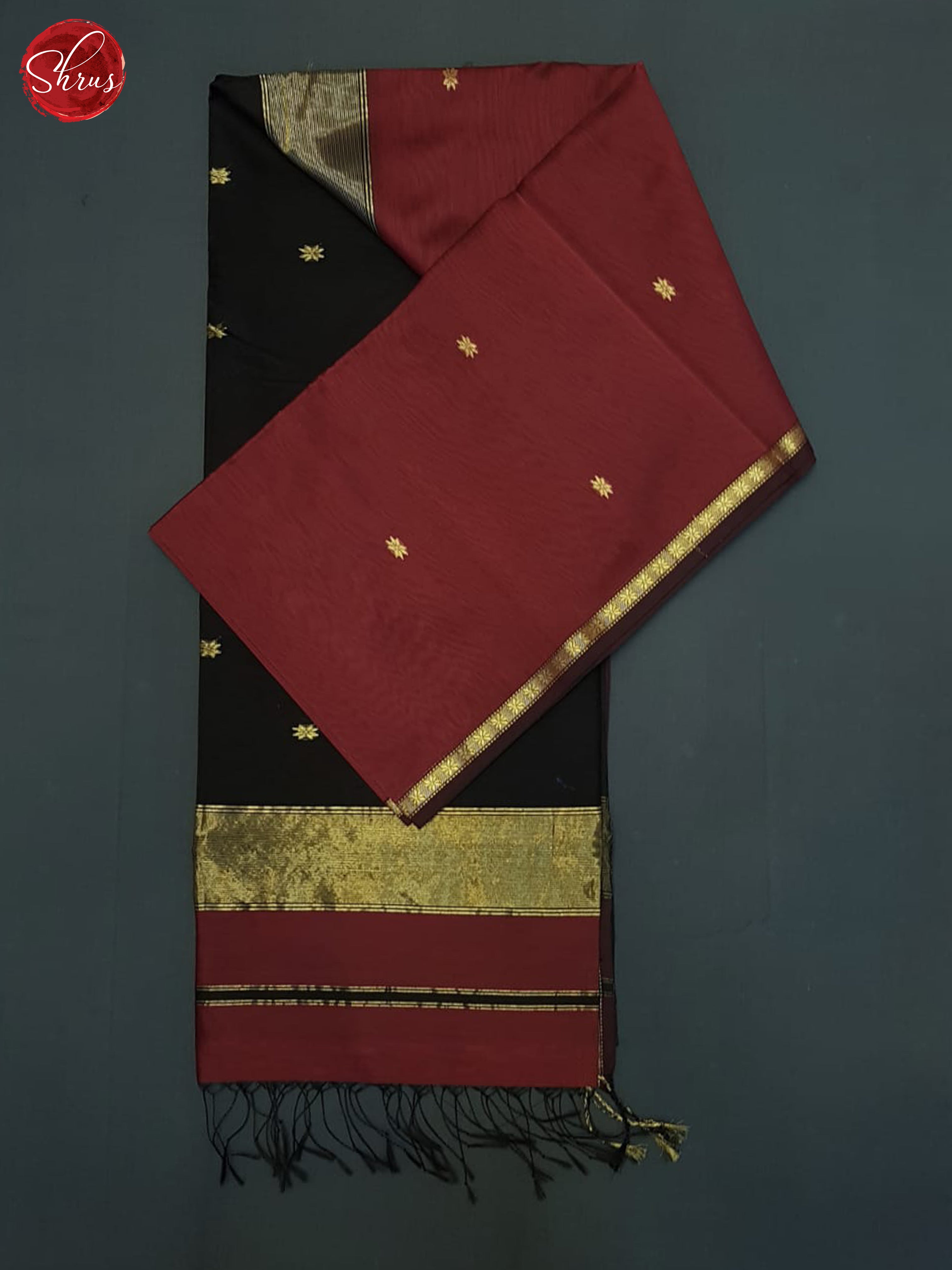 Maroon & Black- Maheshwari Silk Cotton Saree - Shop on ShrusEternity.com