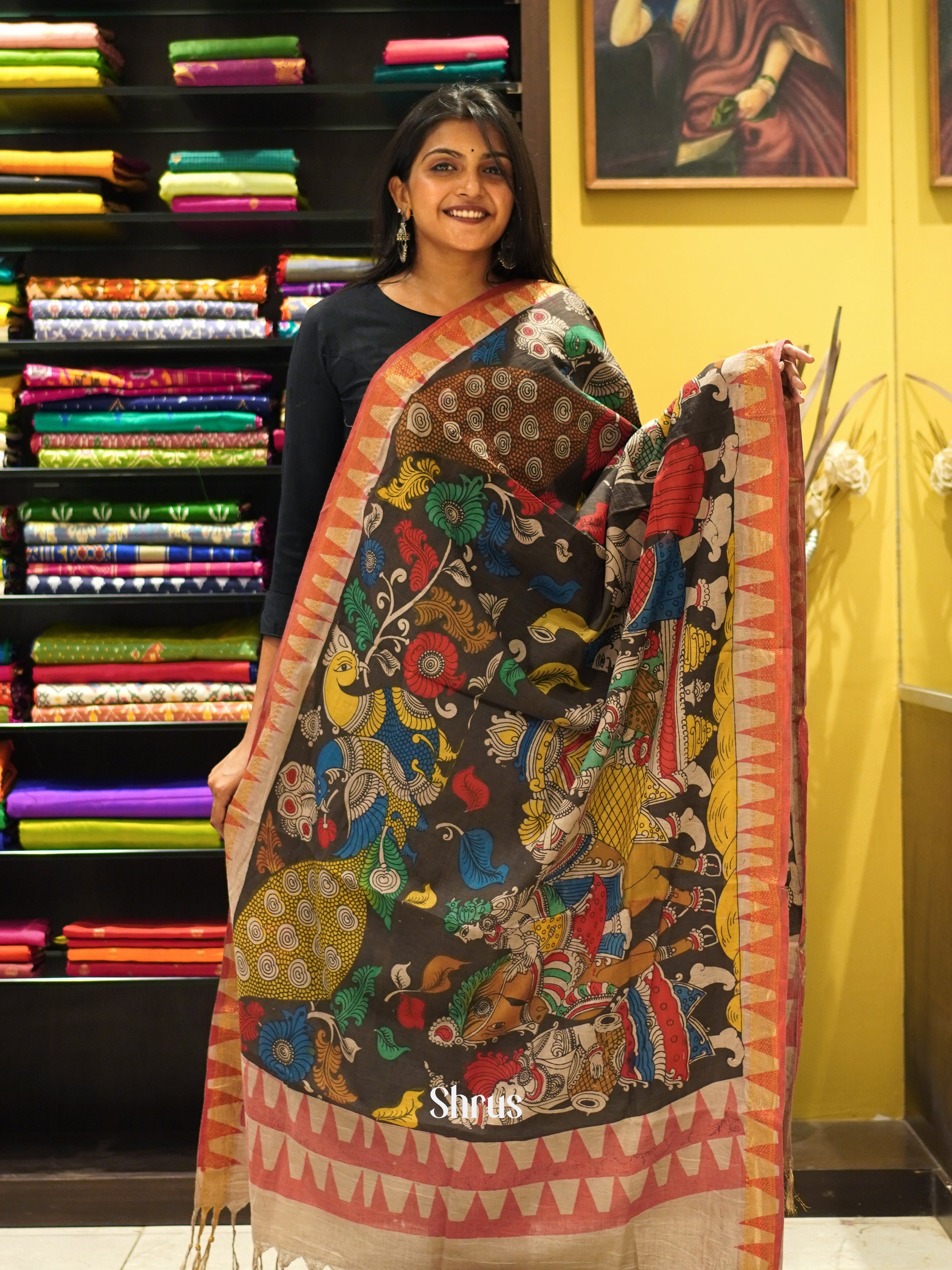 Black - Pen kalamkari Dupatta - Shop on ShrusEternity.com