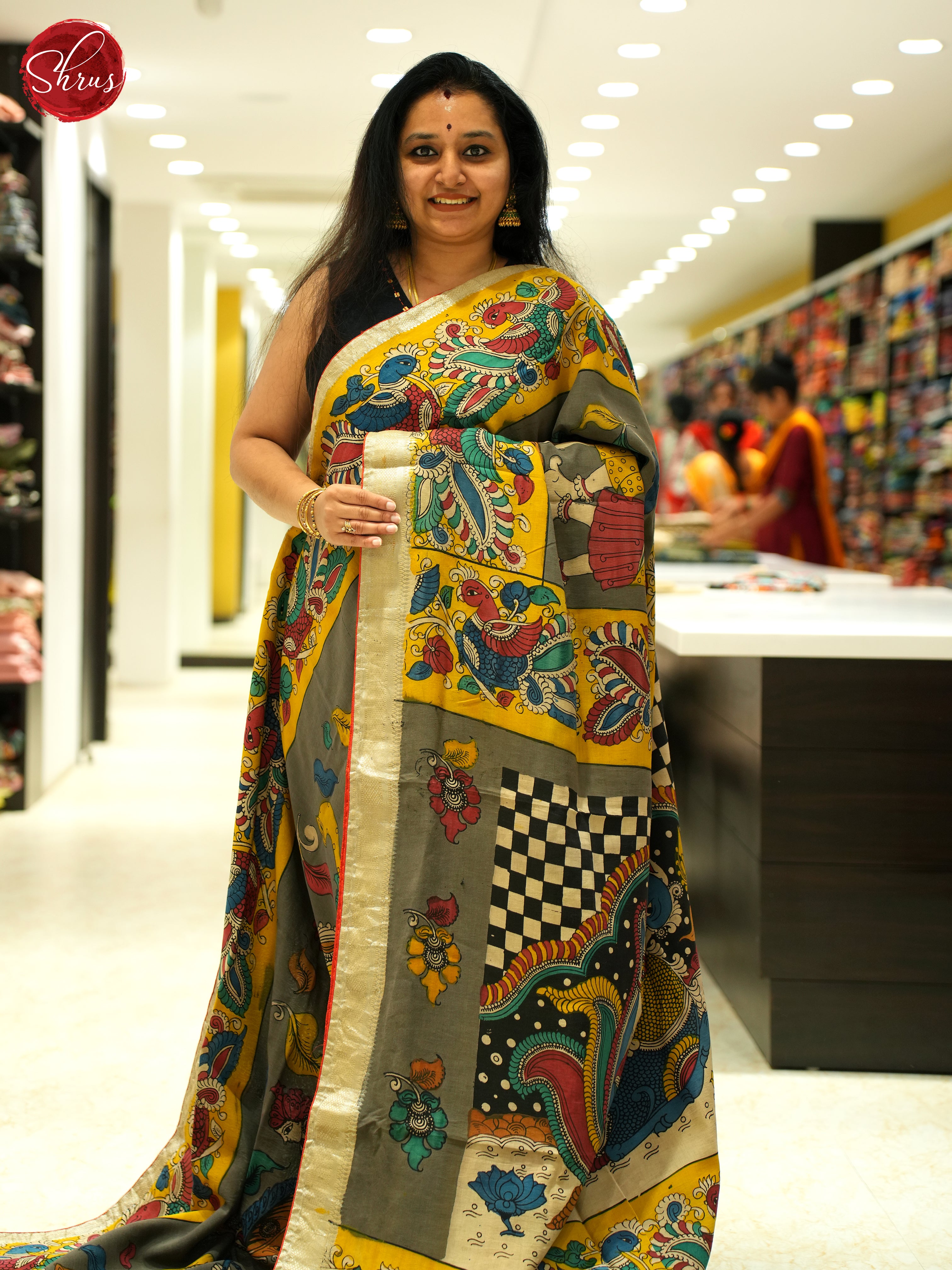 Moss Green & Yellow - PenKalamkari Saree (Chinnur Silk) - Shop on ShrusEternity.com