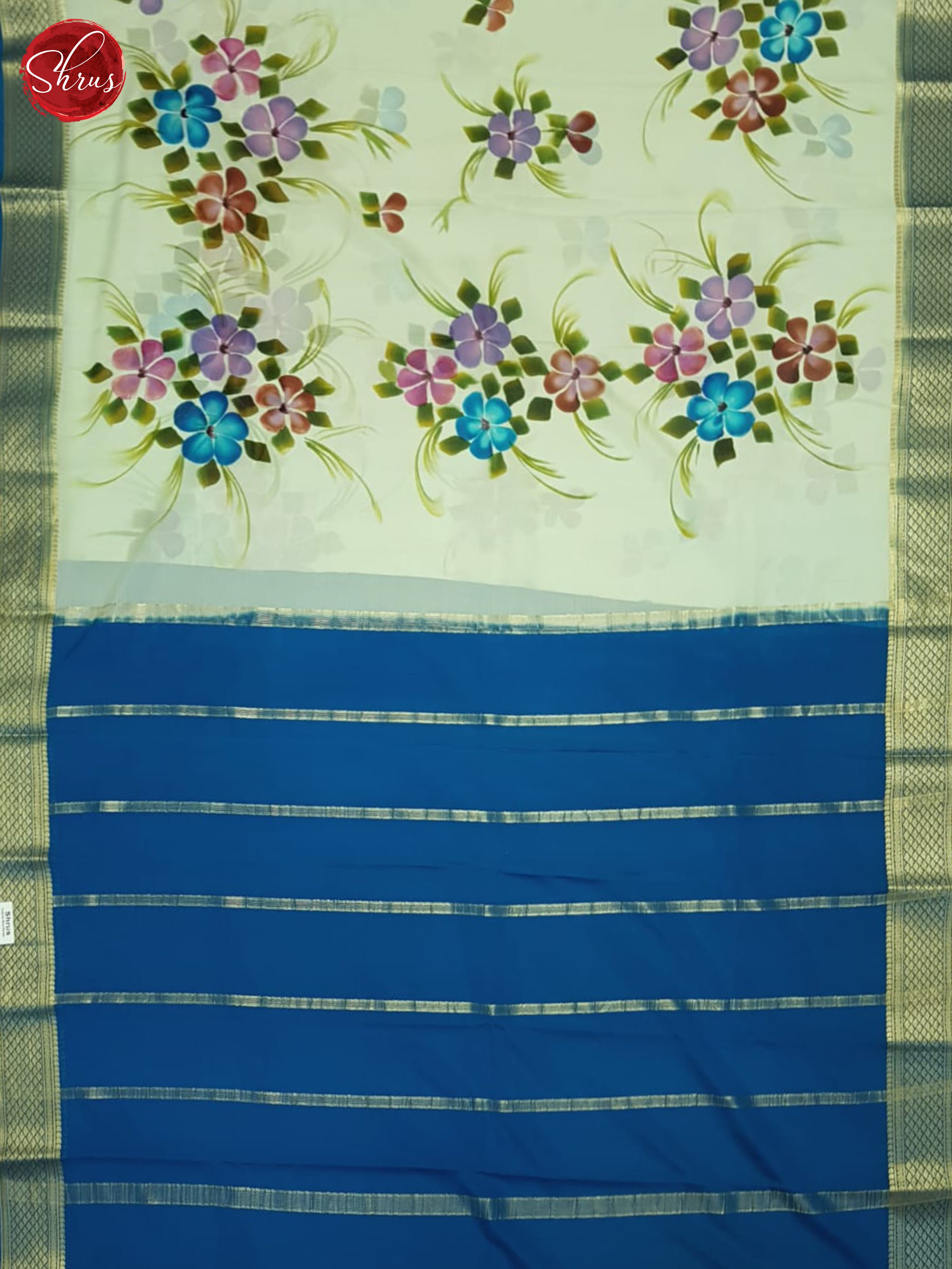 Cream & Blue - Mysore Silk Saree - Shop on ShrusEternity.com