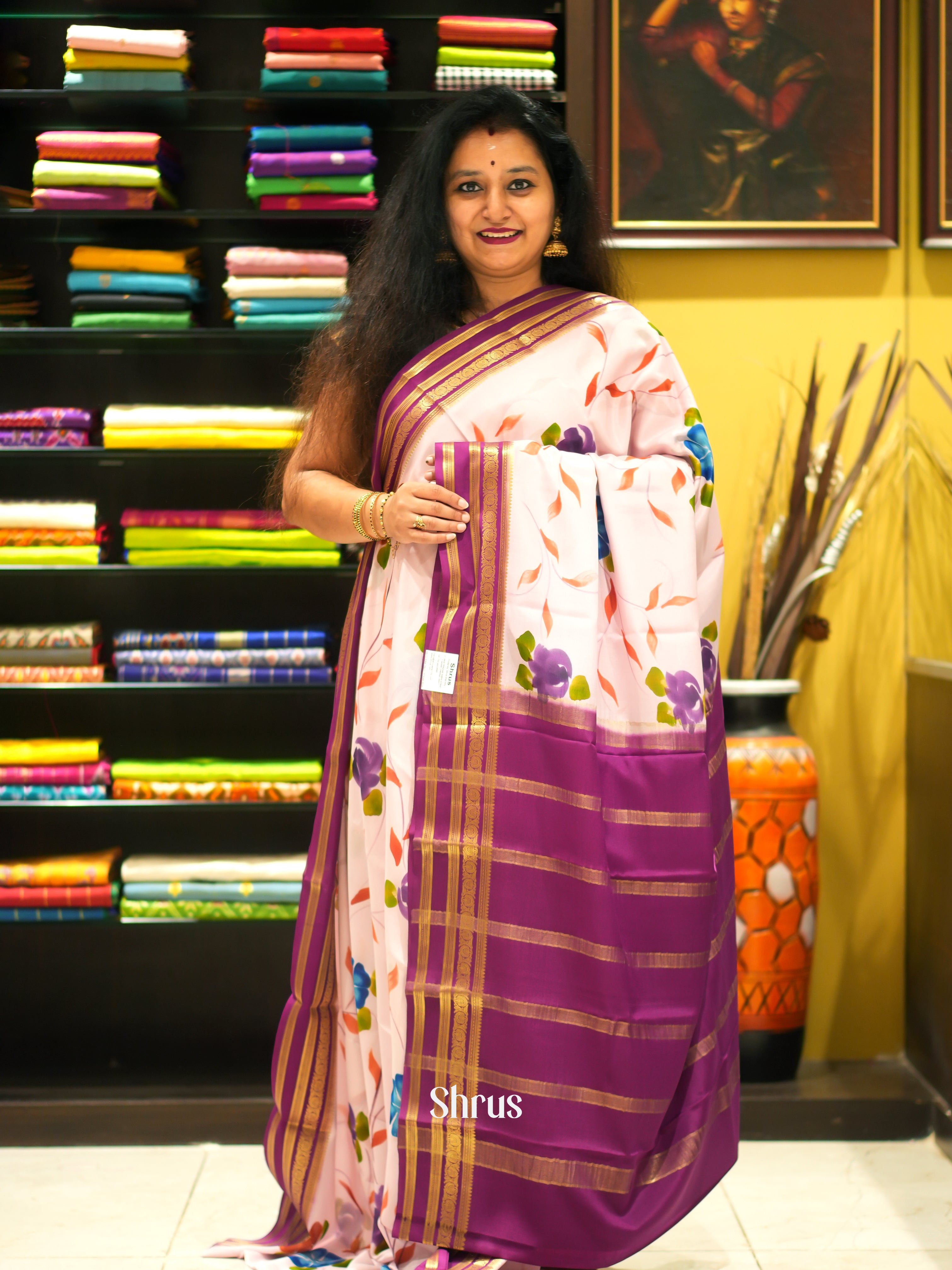 Cream & Majenta - Mysore Silk Saree - Shop on ShrusEternity.com