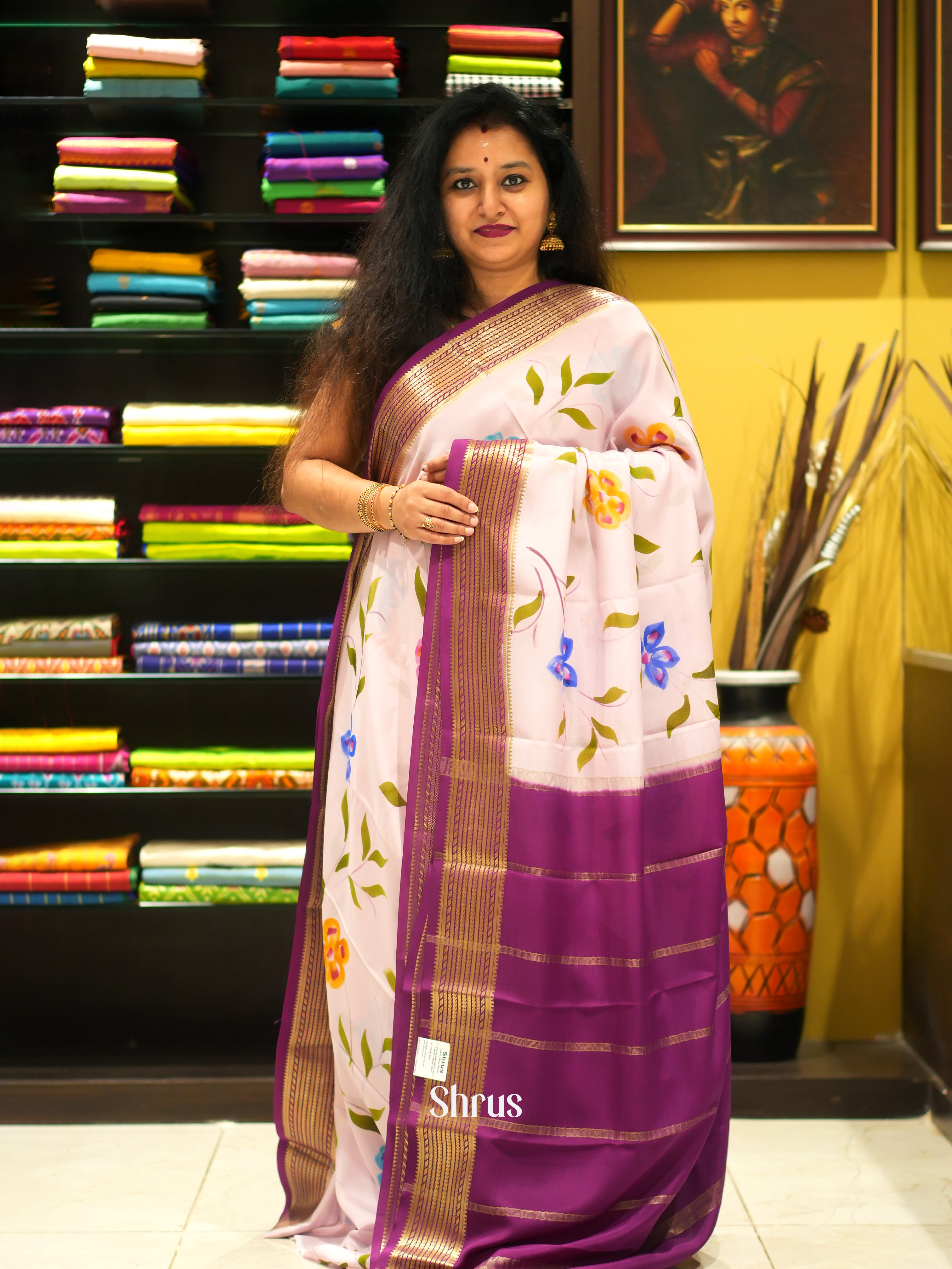 Cream & Majenta - Mysore Silk Saree - Shop on ShrusEternity.com