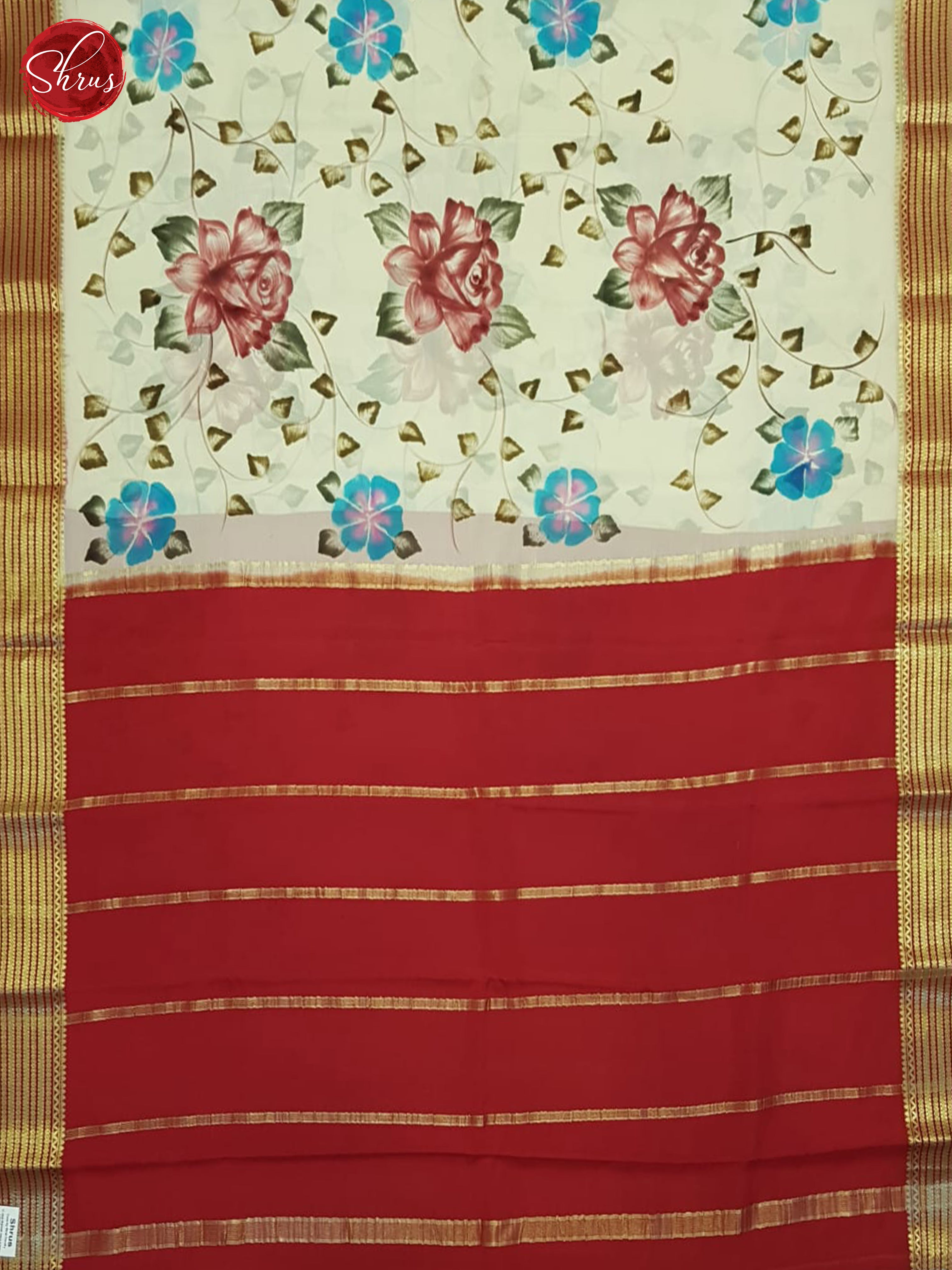 Cream & red- Mysore Silk Saree - Shop on ShrusEternity.com