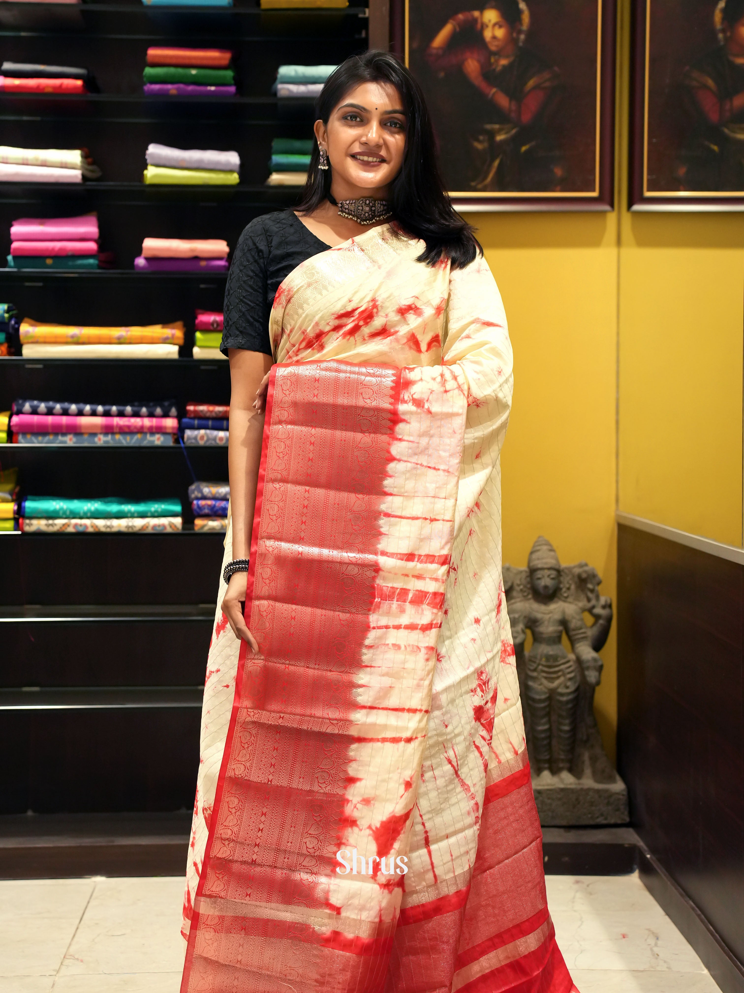Cream & Red -Semi Dupion Saree - Shop on ShrusEternity.com