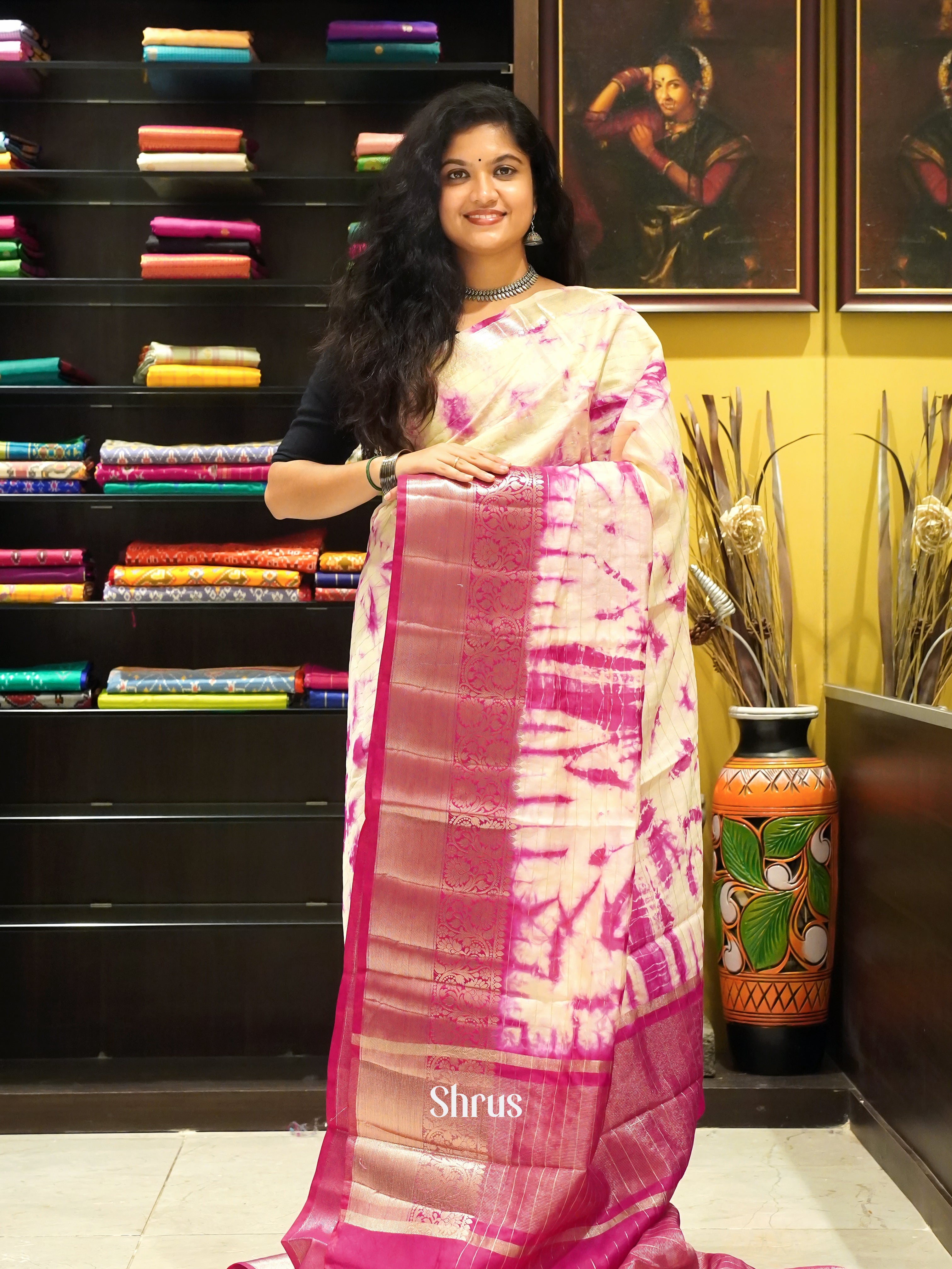 Cream & Pink - Semi Dupion Saree - Shop on ShrusEternity.com