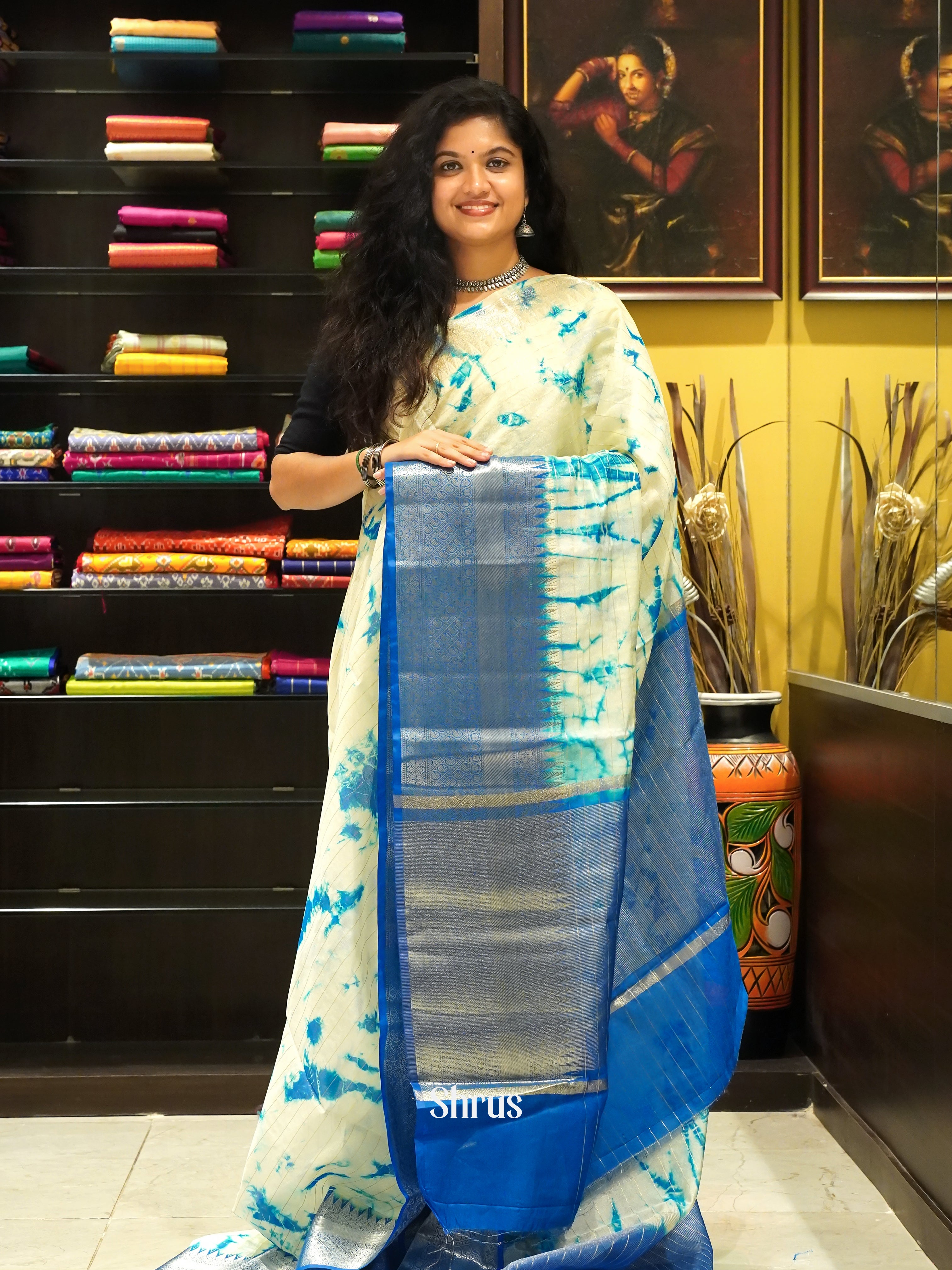 Cream & Blue -Semi Dupion Saree - Shop on ShrusEternity.com