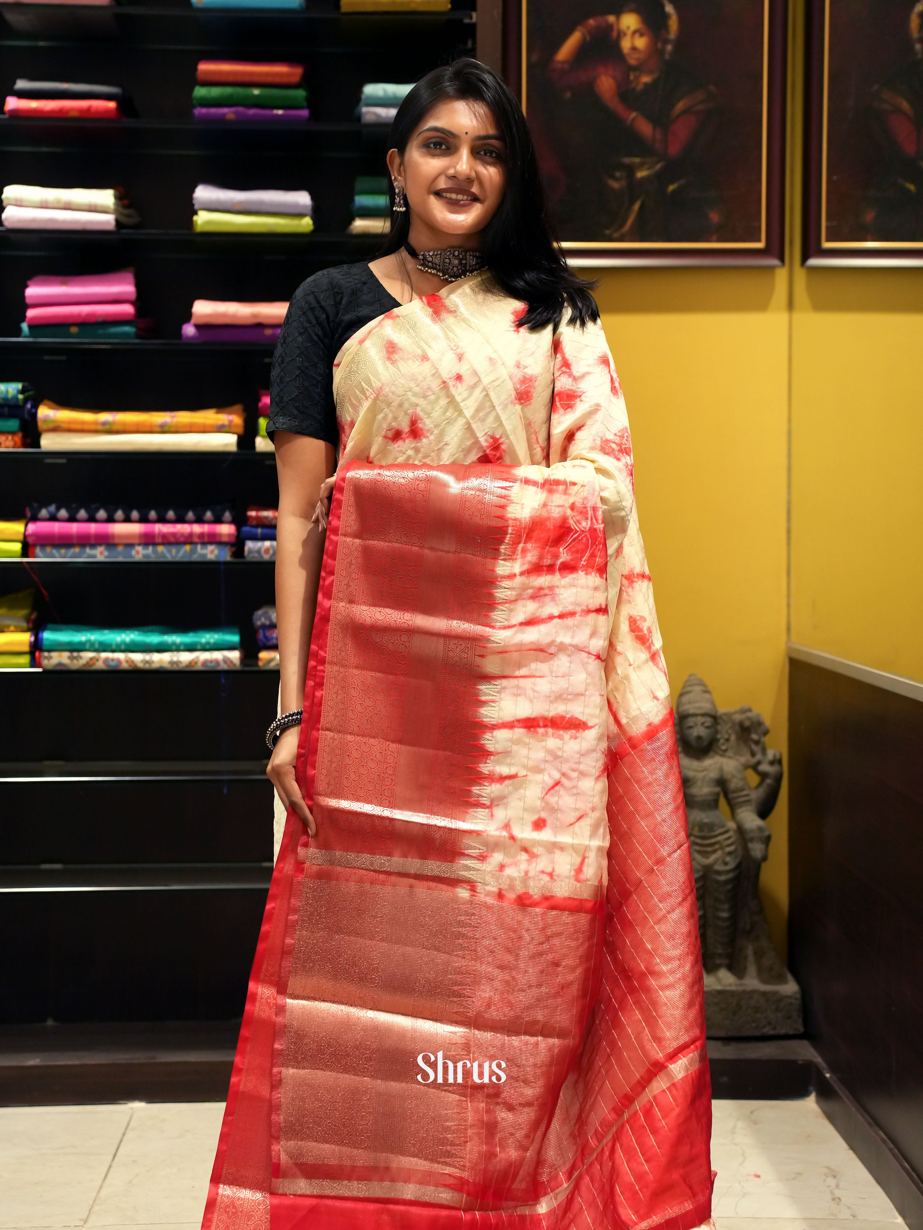 Cream & Red -Semi Dupion Saree - Shop on ShrusEternity.com