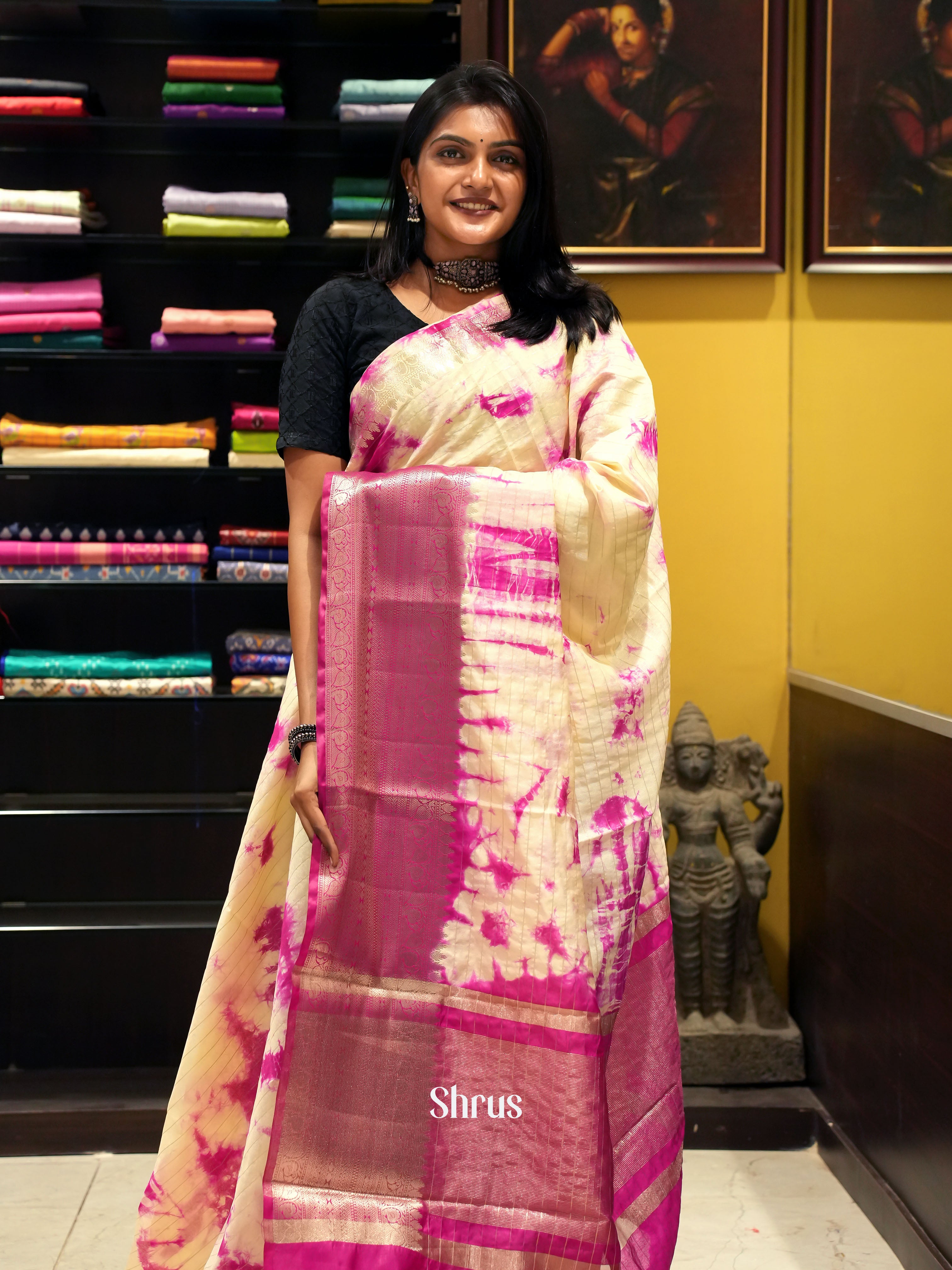Cream & Pink -Semi Dupion Saree - Shop on ShrusEternity.com