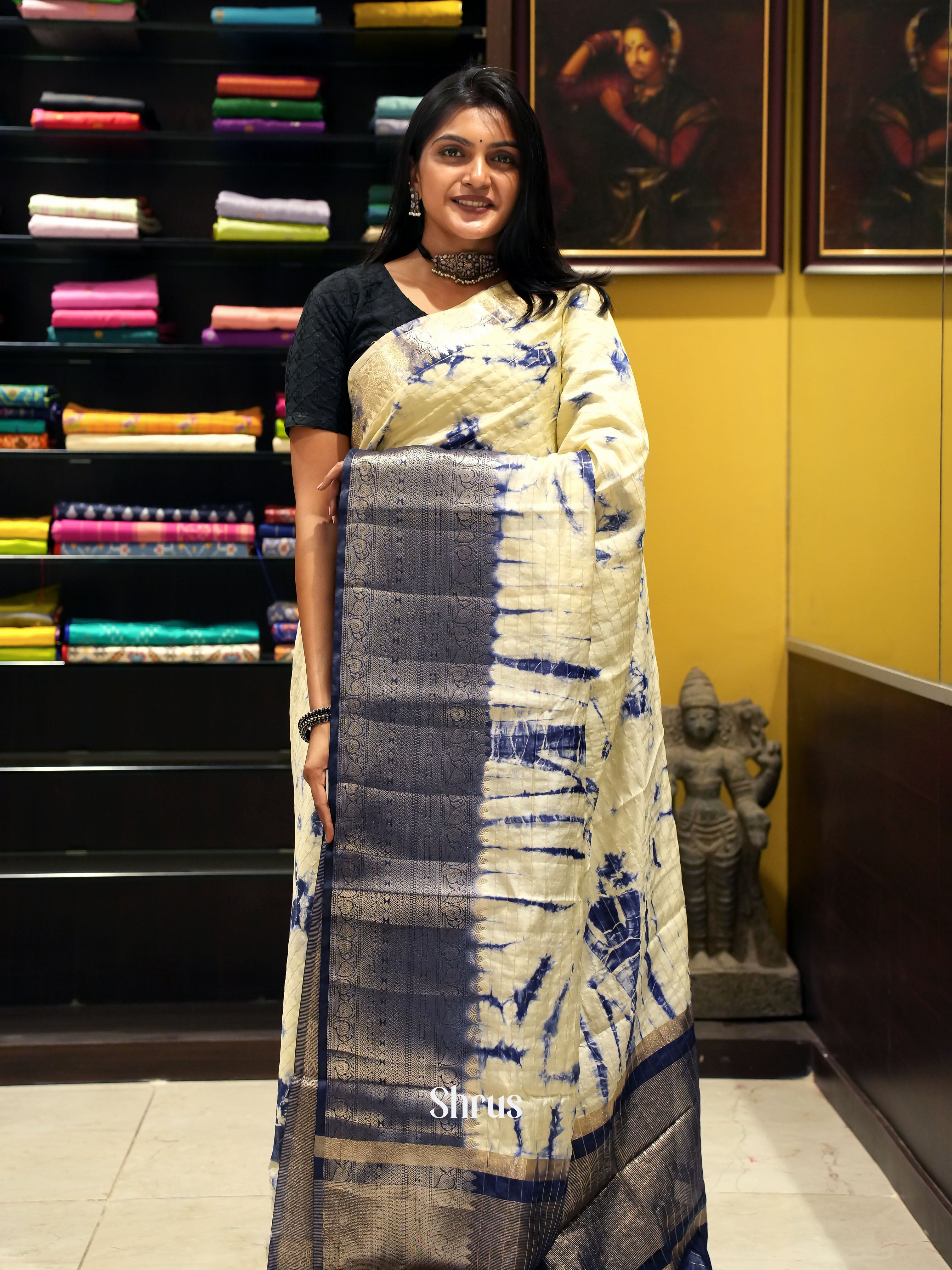 Cream & Blue -Semi Dupion Saree - Shop on ShrusEternity.com