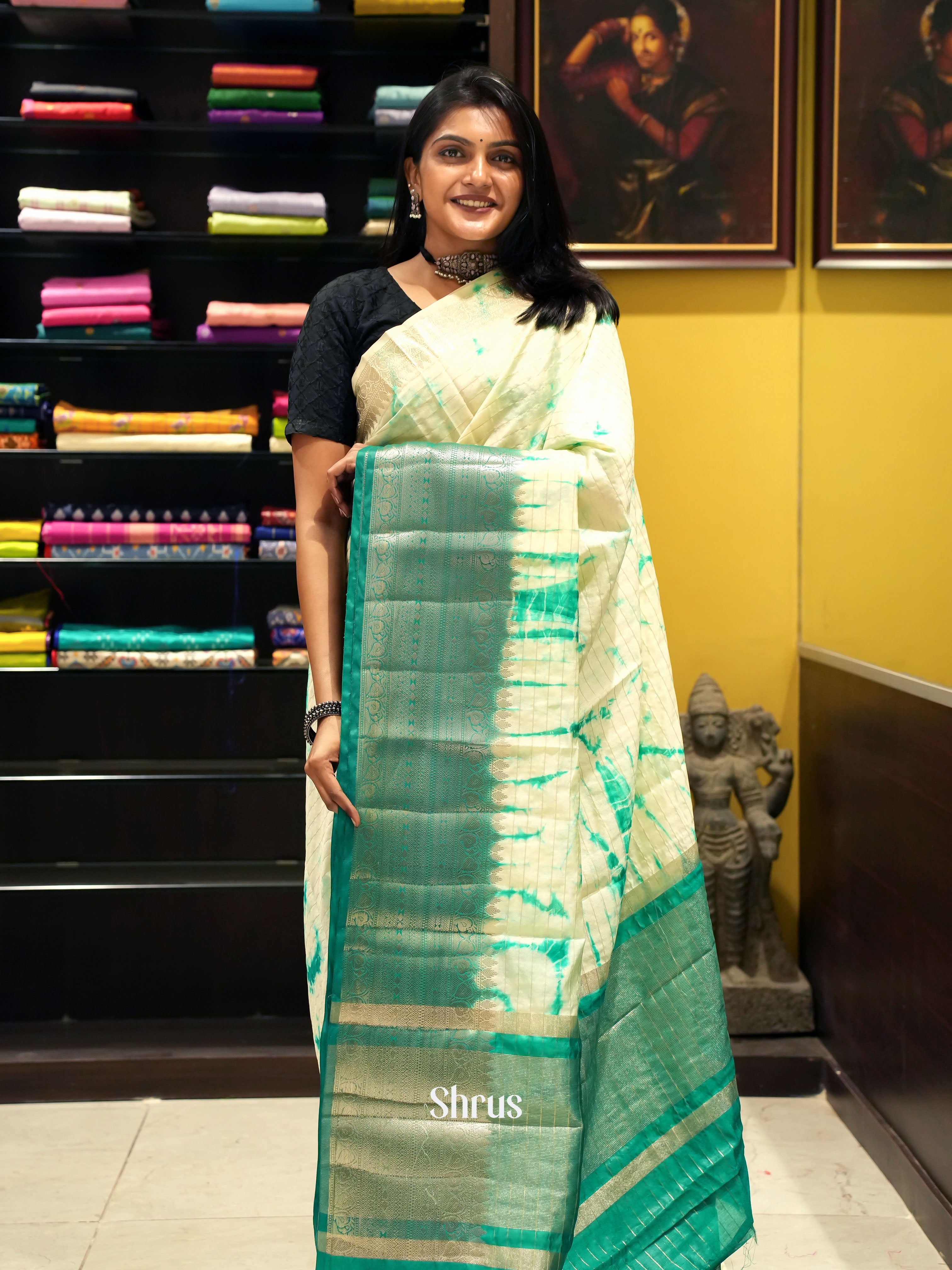 Cream & Green - Semi Dupion Saree - Shop on ShrusEternity.com