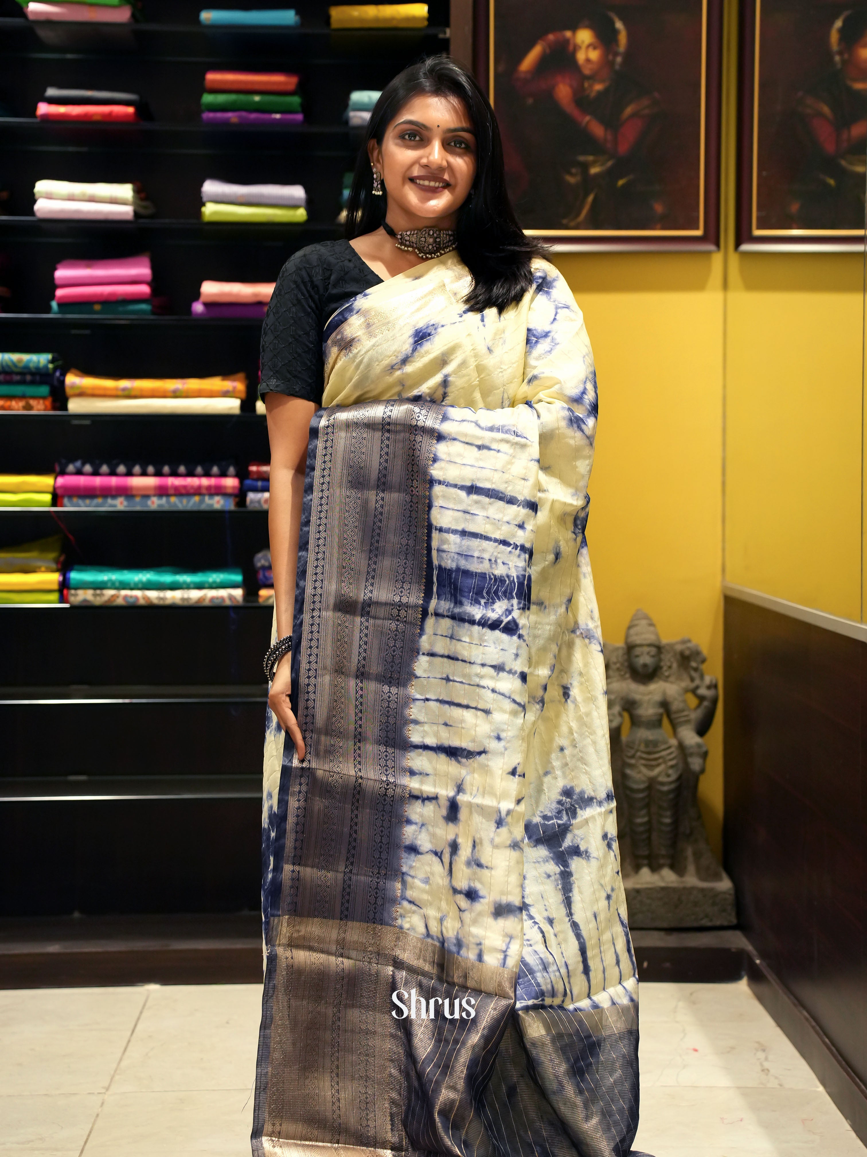 Cream & Blue -Semi Dupion Saree - Shop on ShrusEternity.com