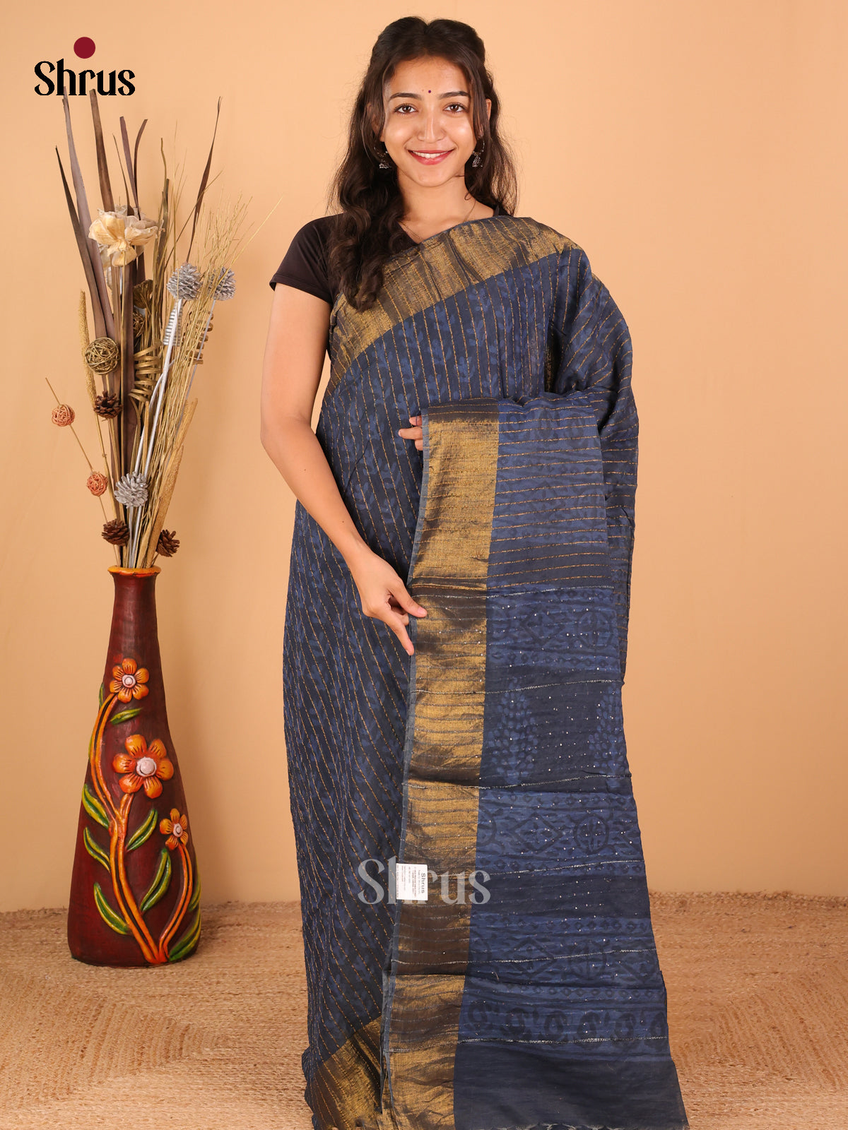 Navy Blue - Semi Chanderi - CDS13180 - Shop on ShrusEternity.com