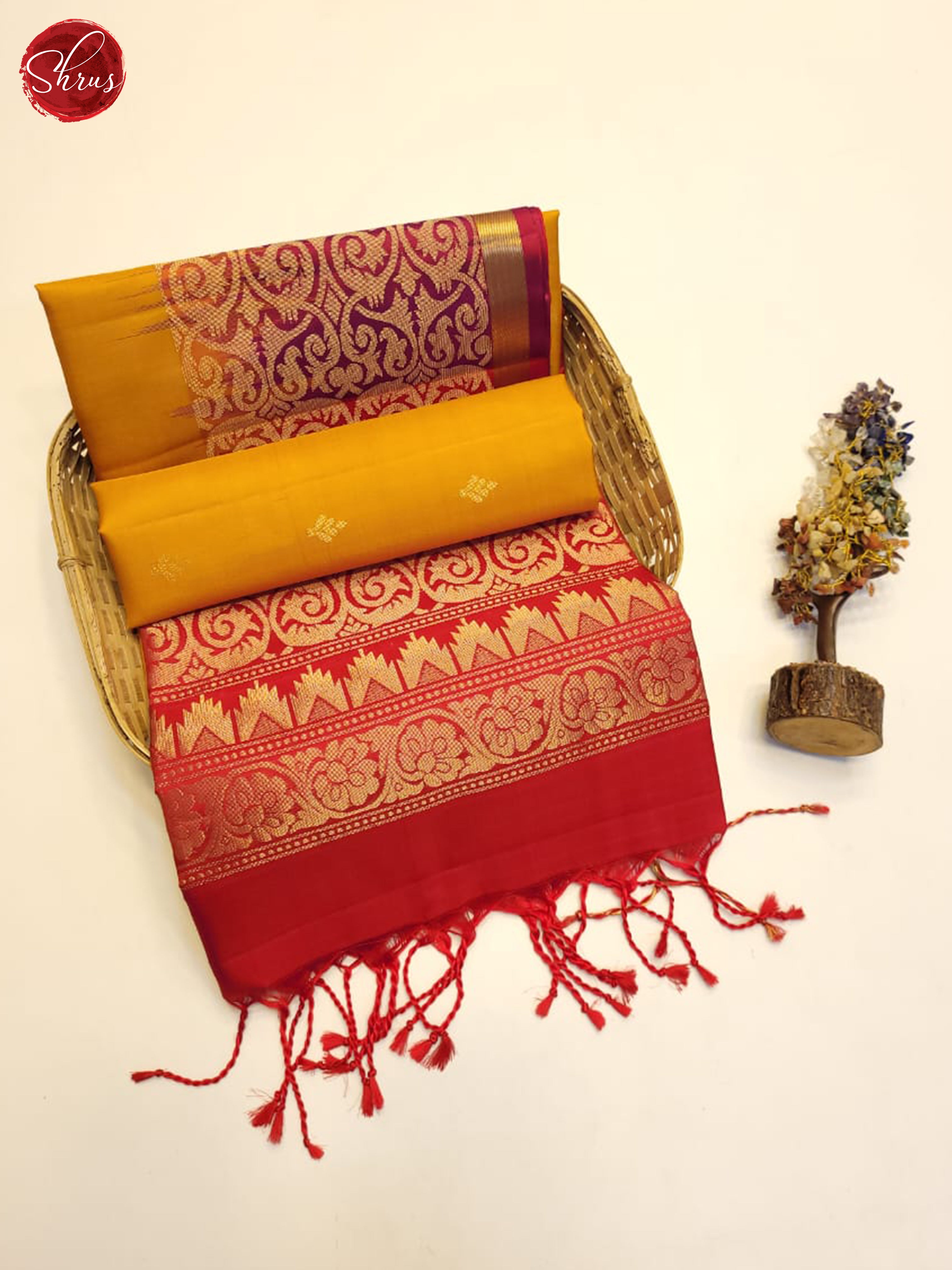 Golden Mustard And Red- Soft Silk Saree - Shop on ShrusEternity.com