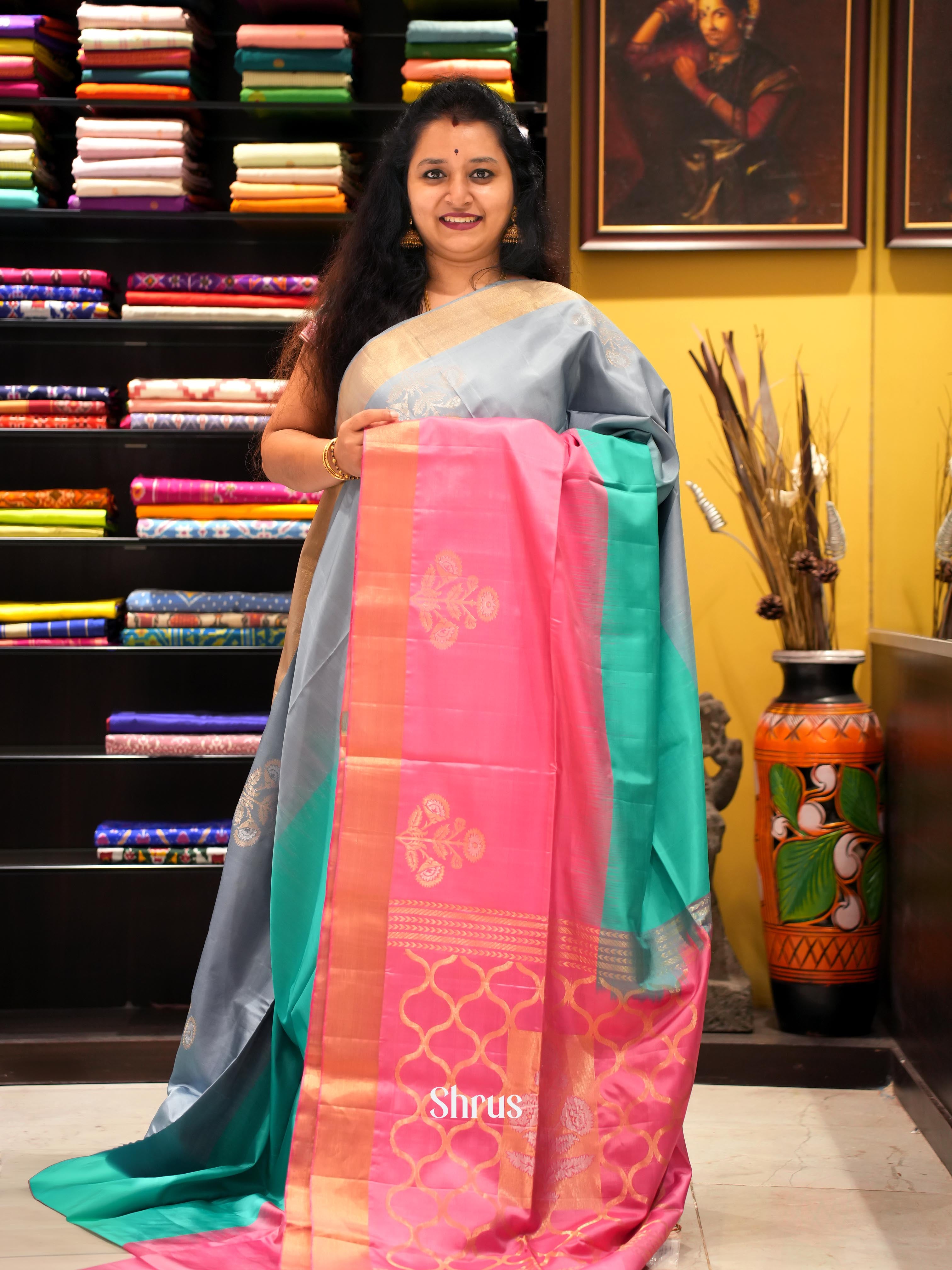 Pink And Grey- Soft SiIk Saree - Shop on ShrusEternity.com