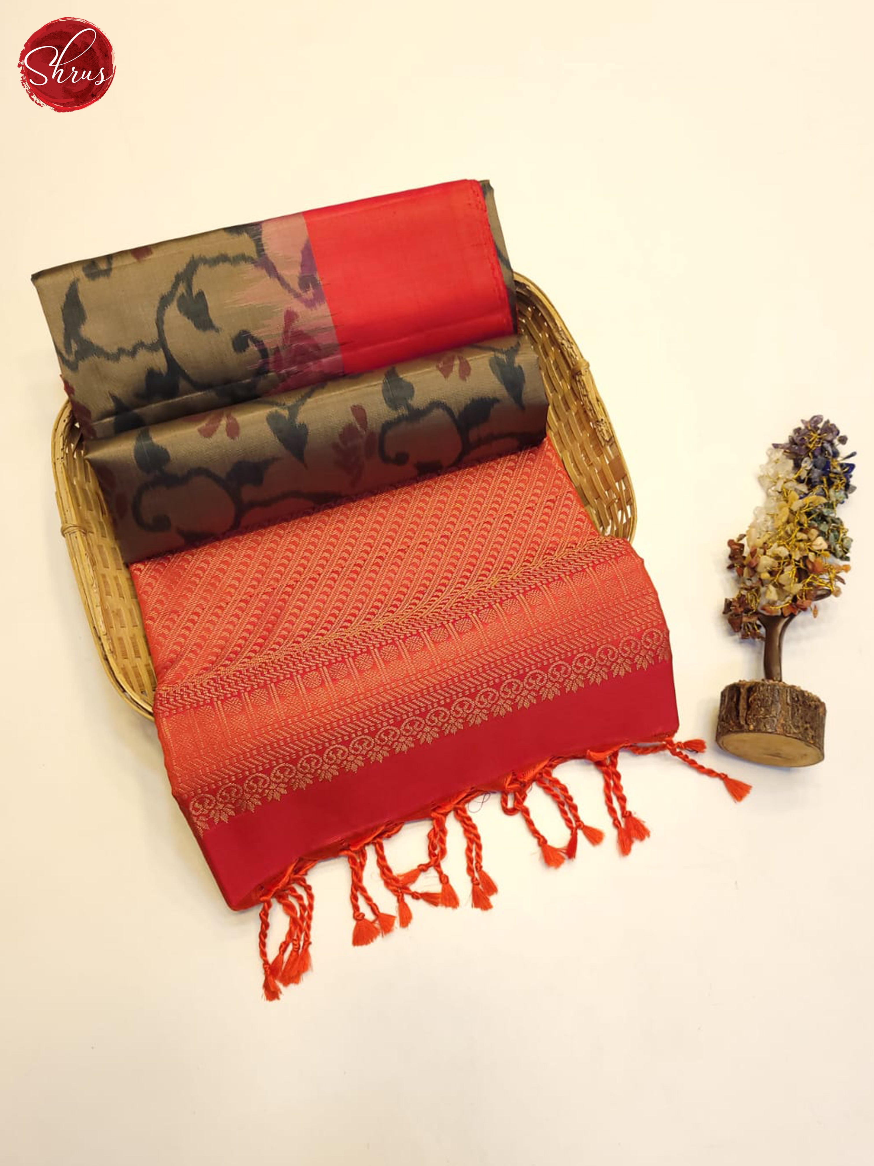 Grey And Orangish Pink- Soft Silk Saree - Shop on ShrusEternity.com
