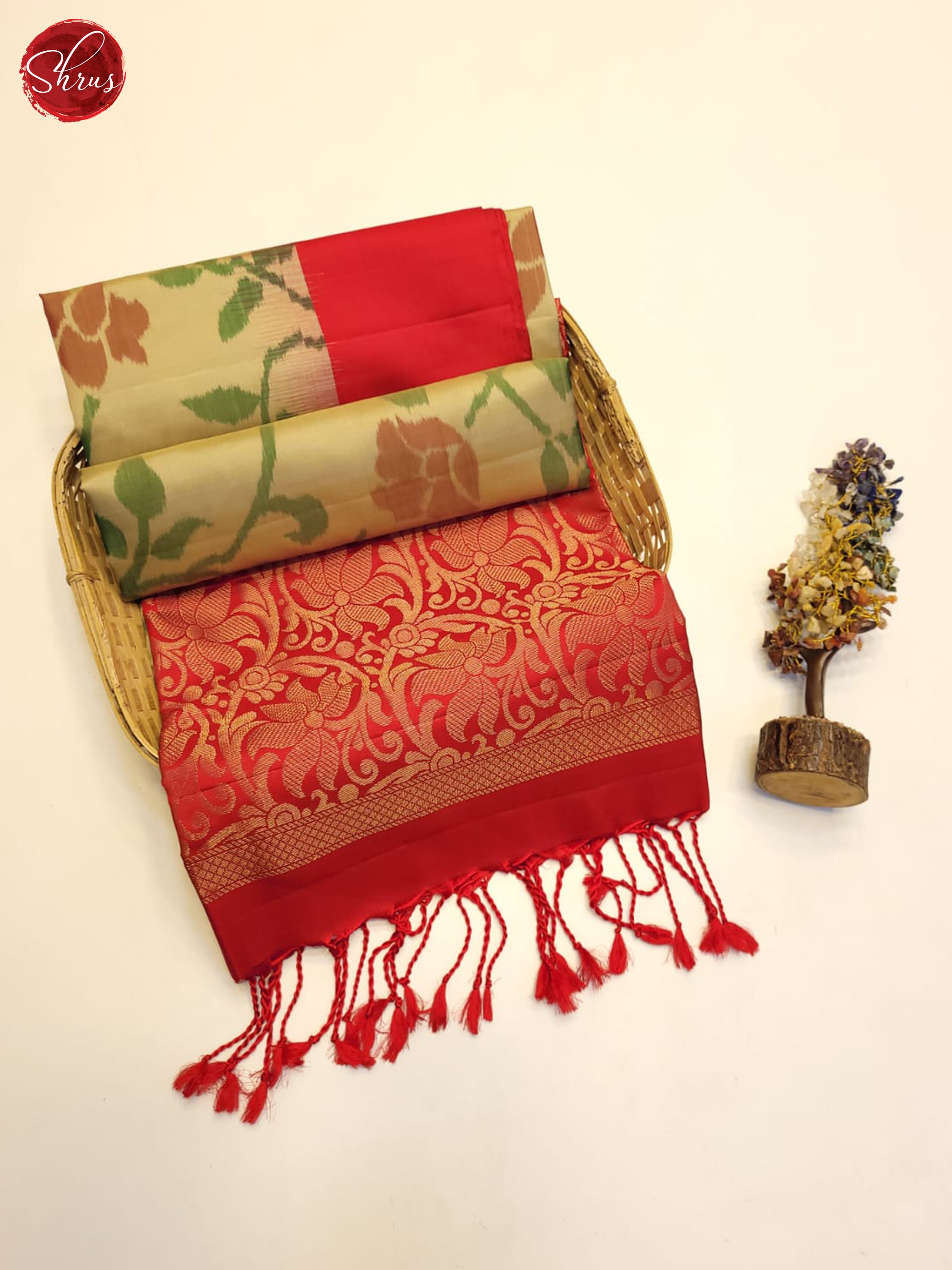Greenish Grey And Red- Soft Silk Saree - Shop on ShrusEternity.com