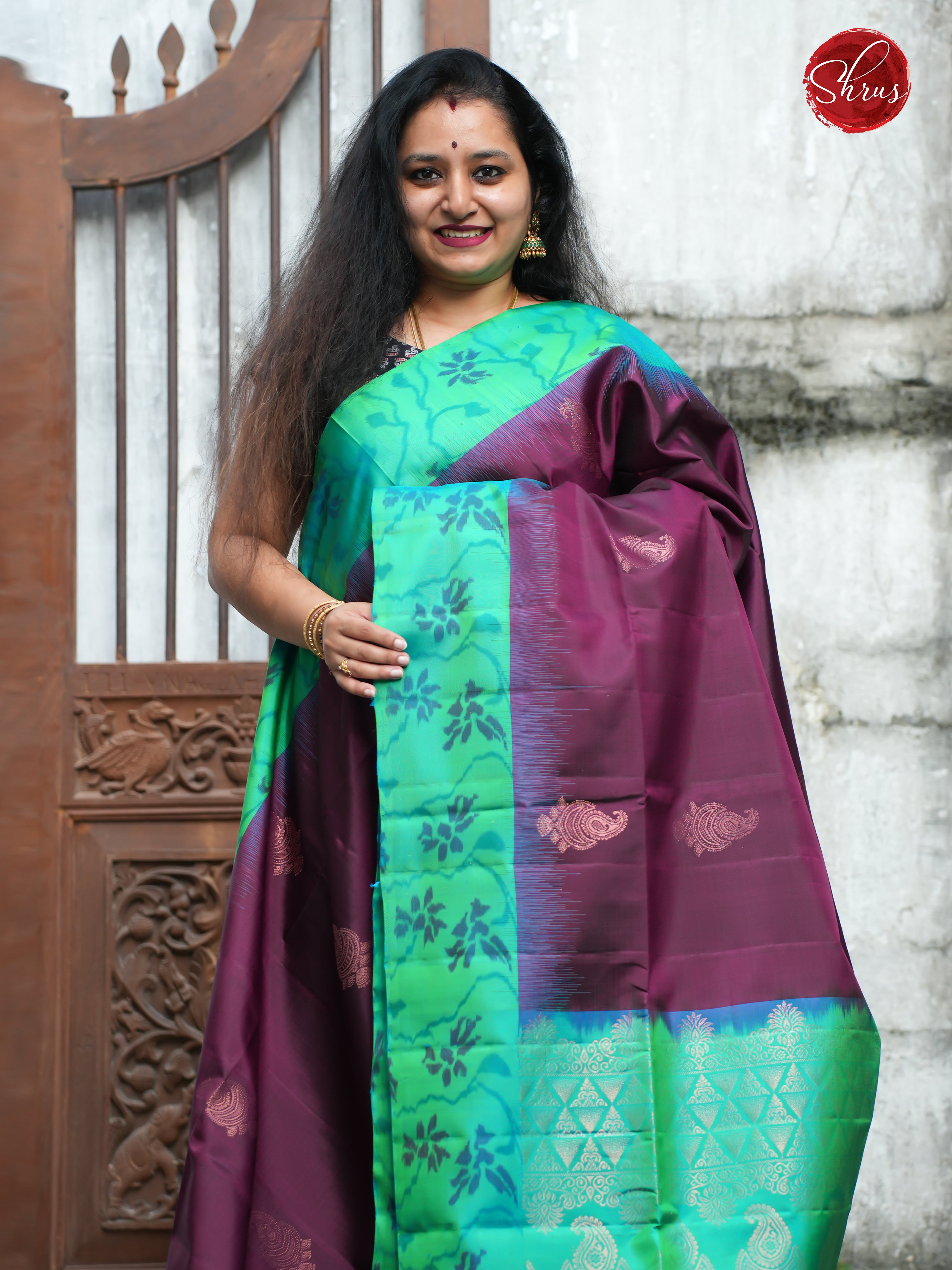 Wine & Green - Soft Silk Saree - Shop on ShrusEternity.com
