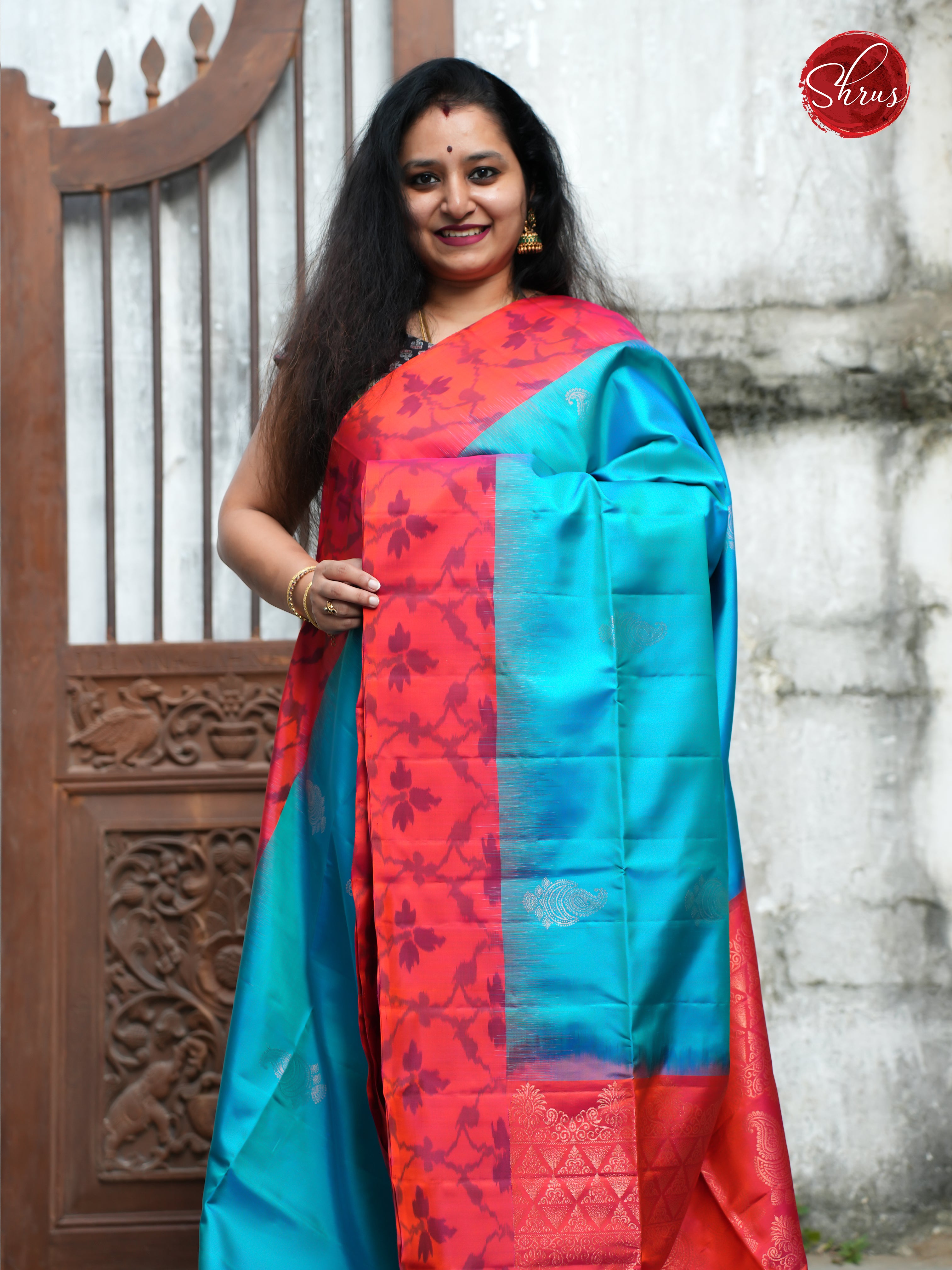 Blue & Red - Soft Silk Saree - Shop on ShrusEternity.com