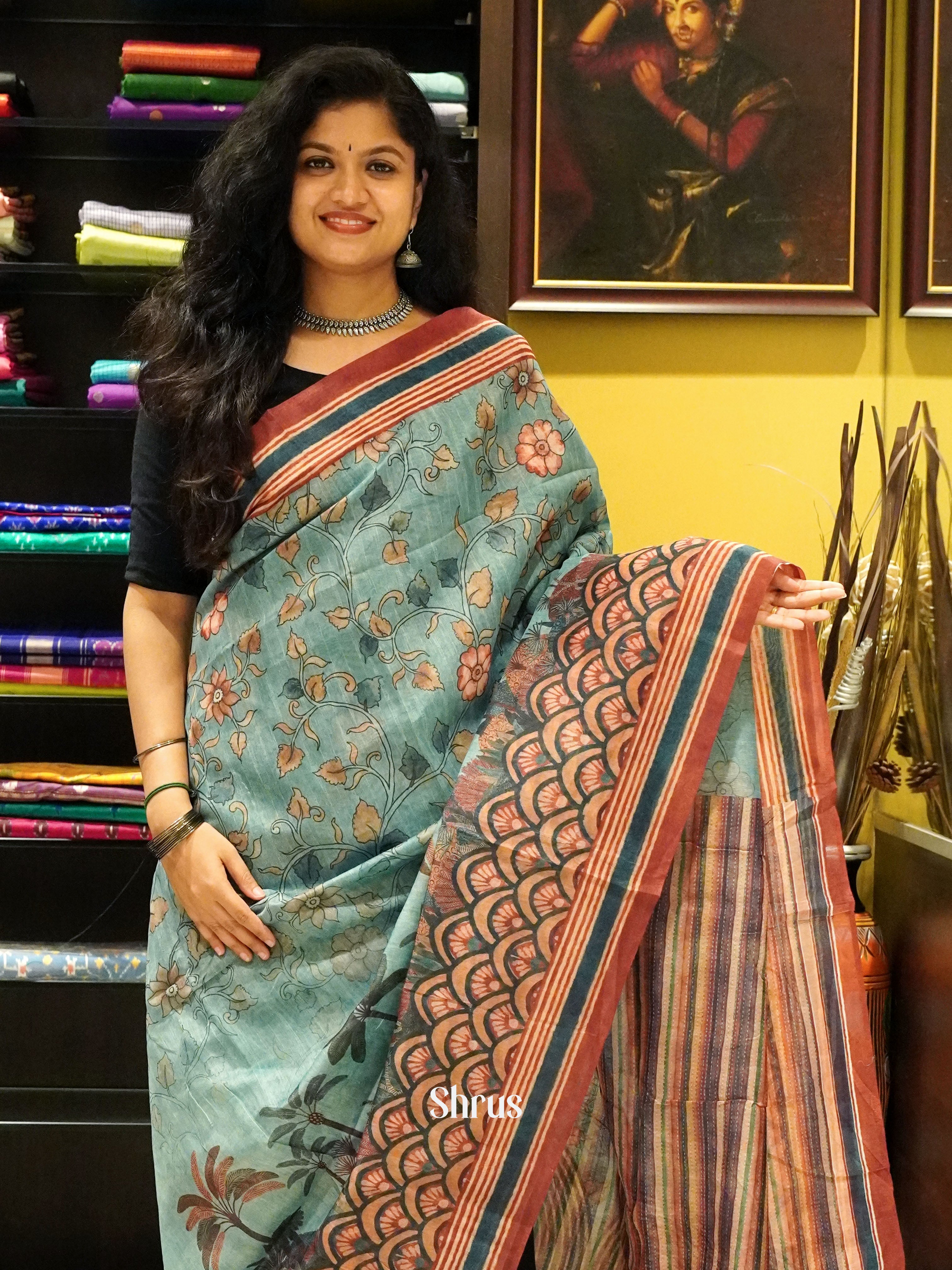 Blue & Brown -Semi Chanderi - Shop on ShrusEternity.com