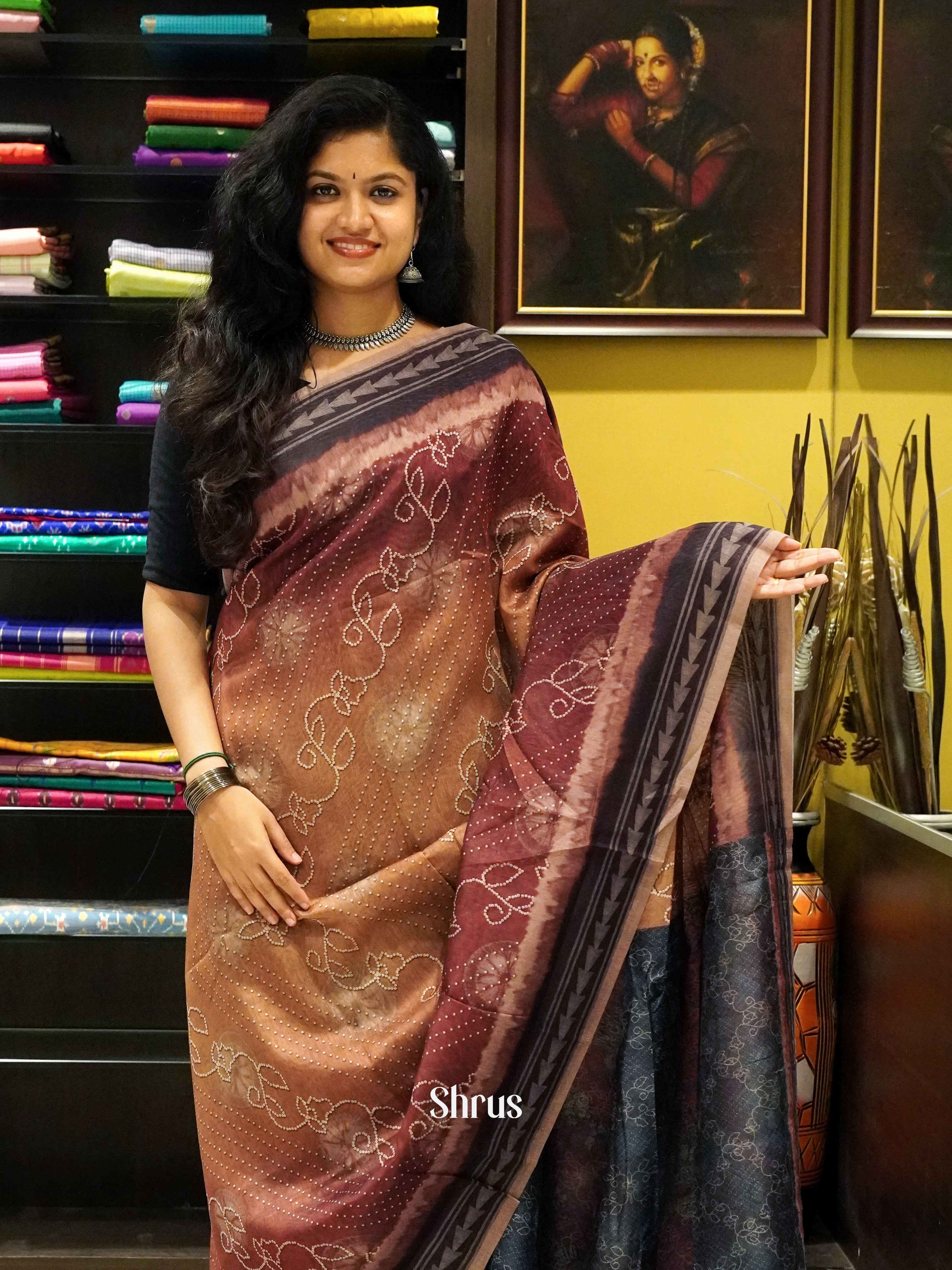 Brown & Black -Semi Chanderi - Shop on ShrusEternity.com