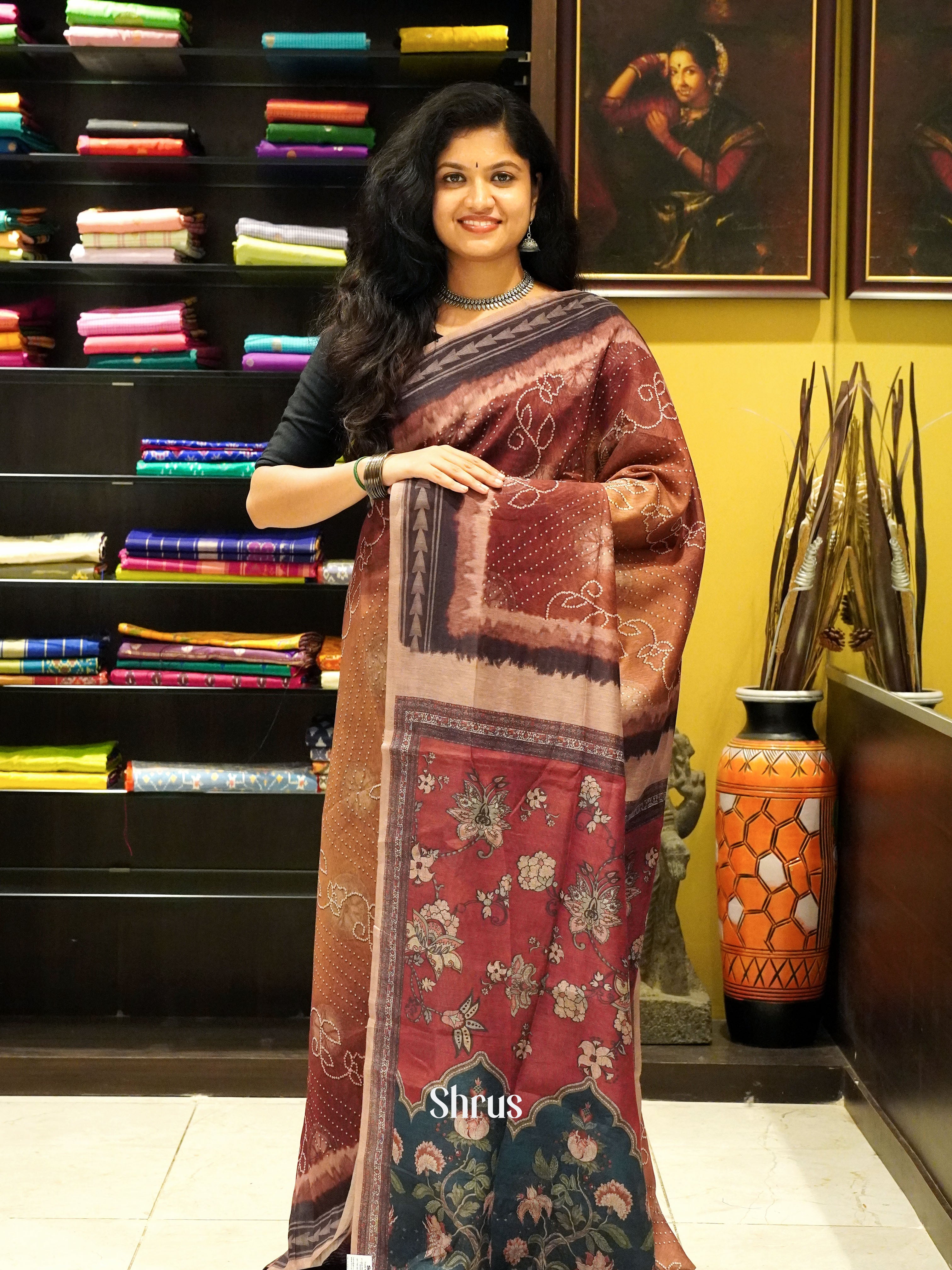 Brown & Black -Semi Chanderi - Shop on ShrusEternity.com