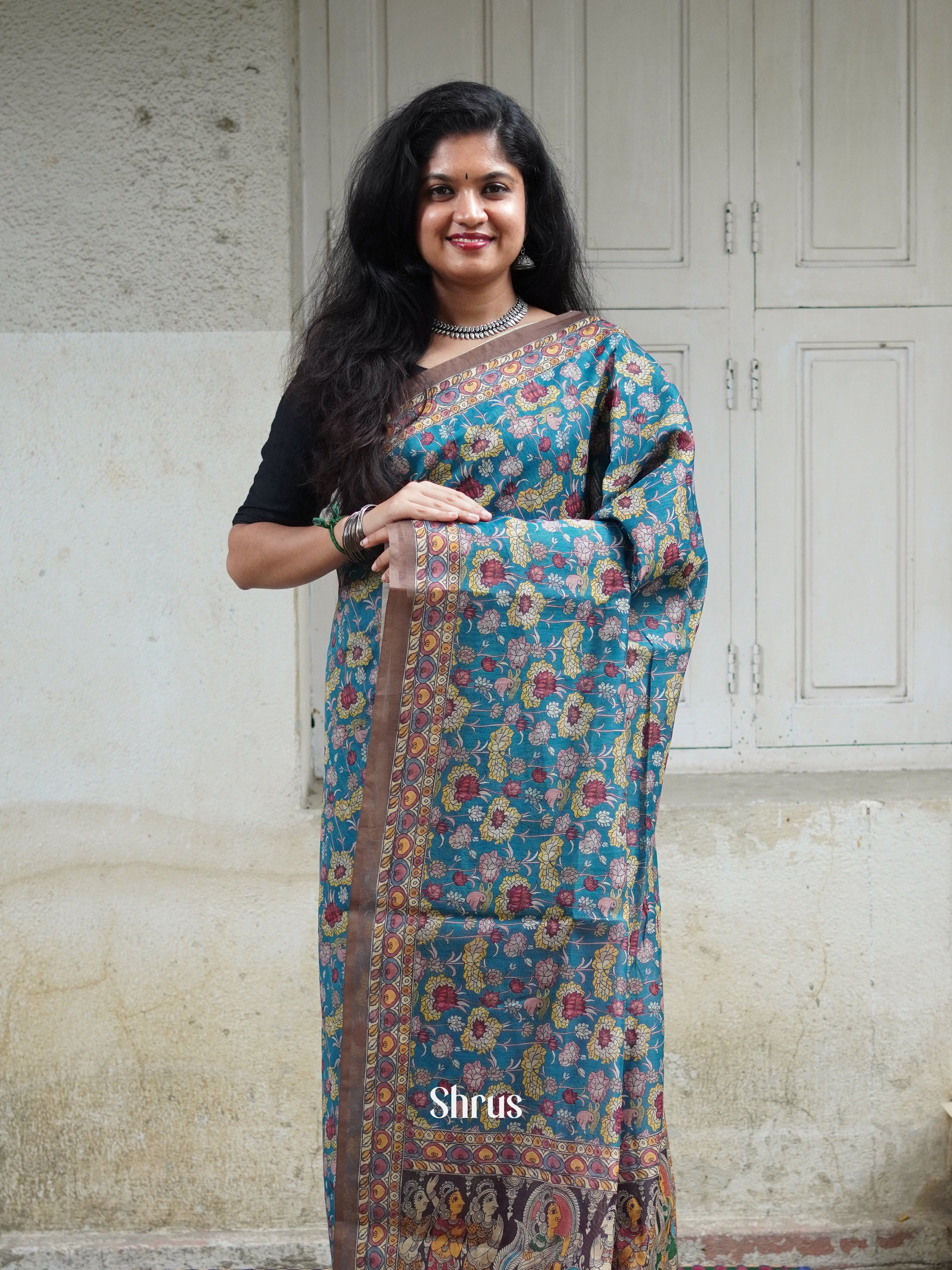 Blue & Brown - Semi Chanderi Saree - Shop on ShrusEternity.com