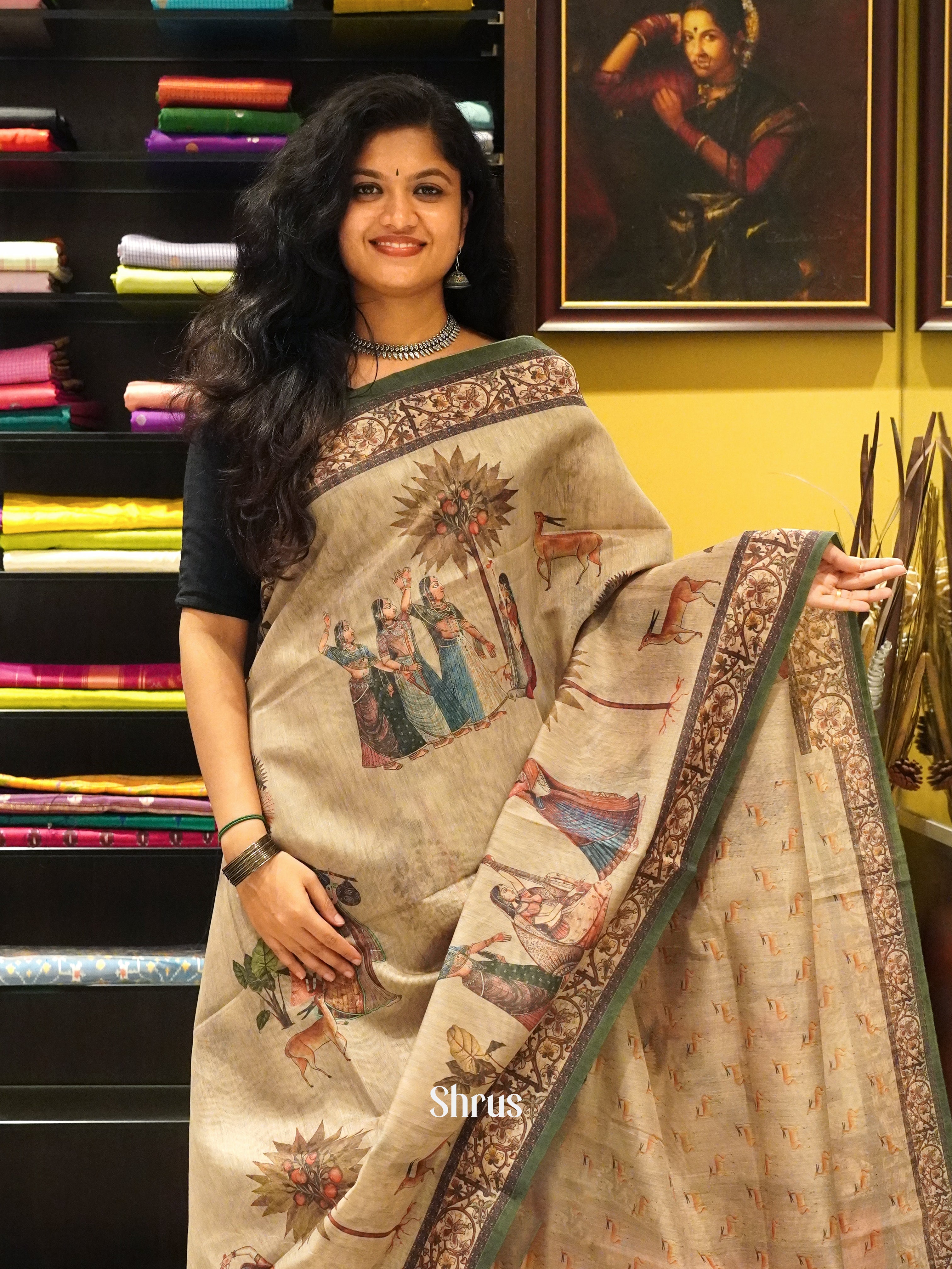 Grey & Green - Semi Chanderi Saree - Shop on ShrusEternity.com