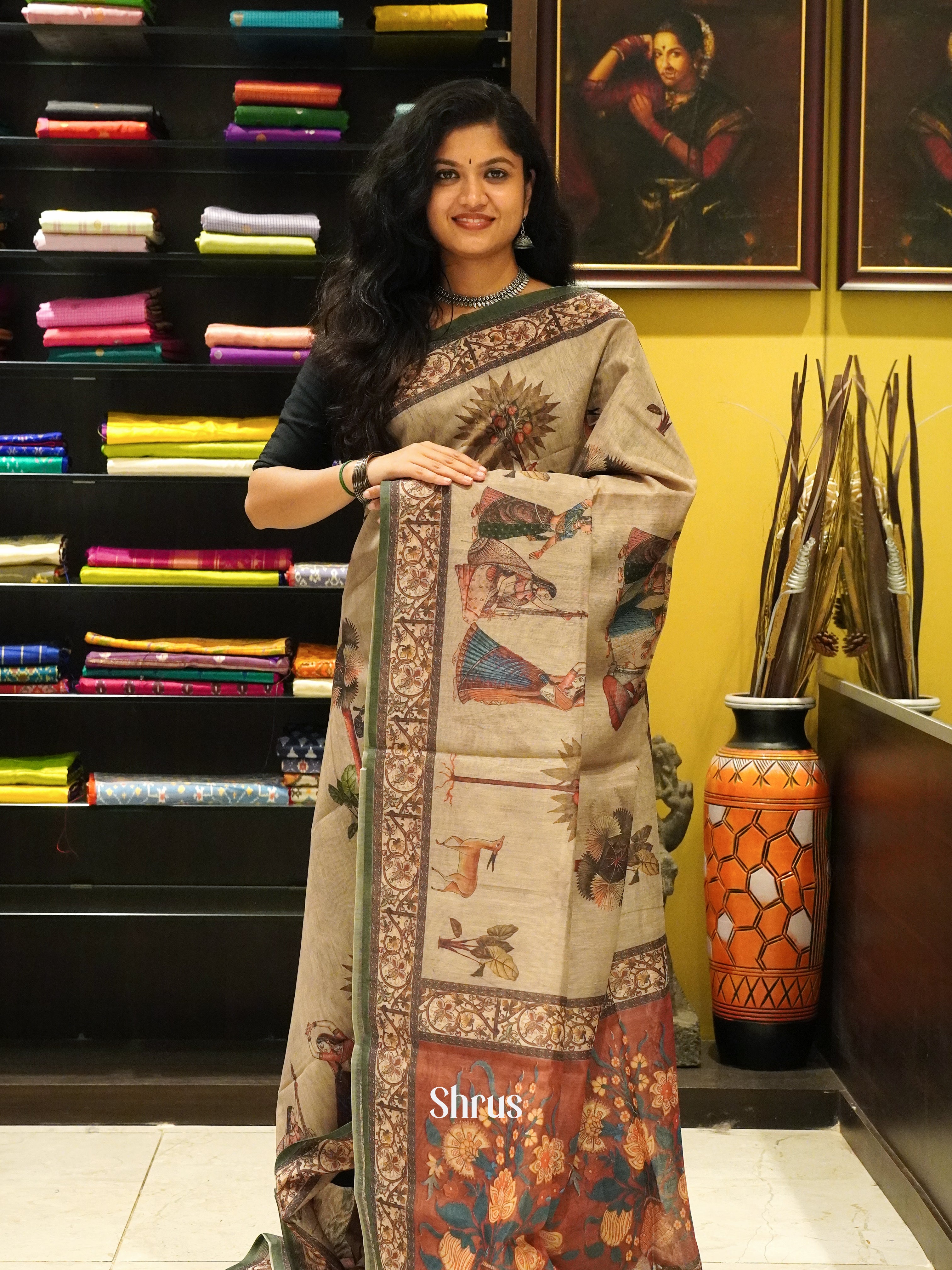 Grey & Green - Semi Chanderi Saree - Shop on ShrusEternity.com